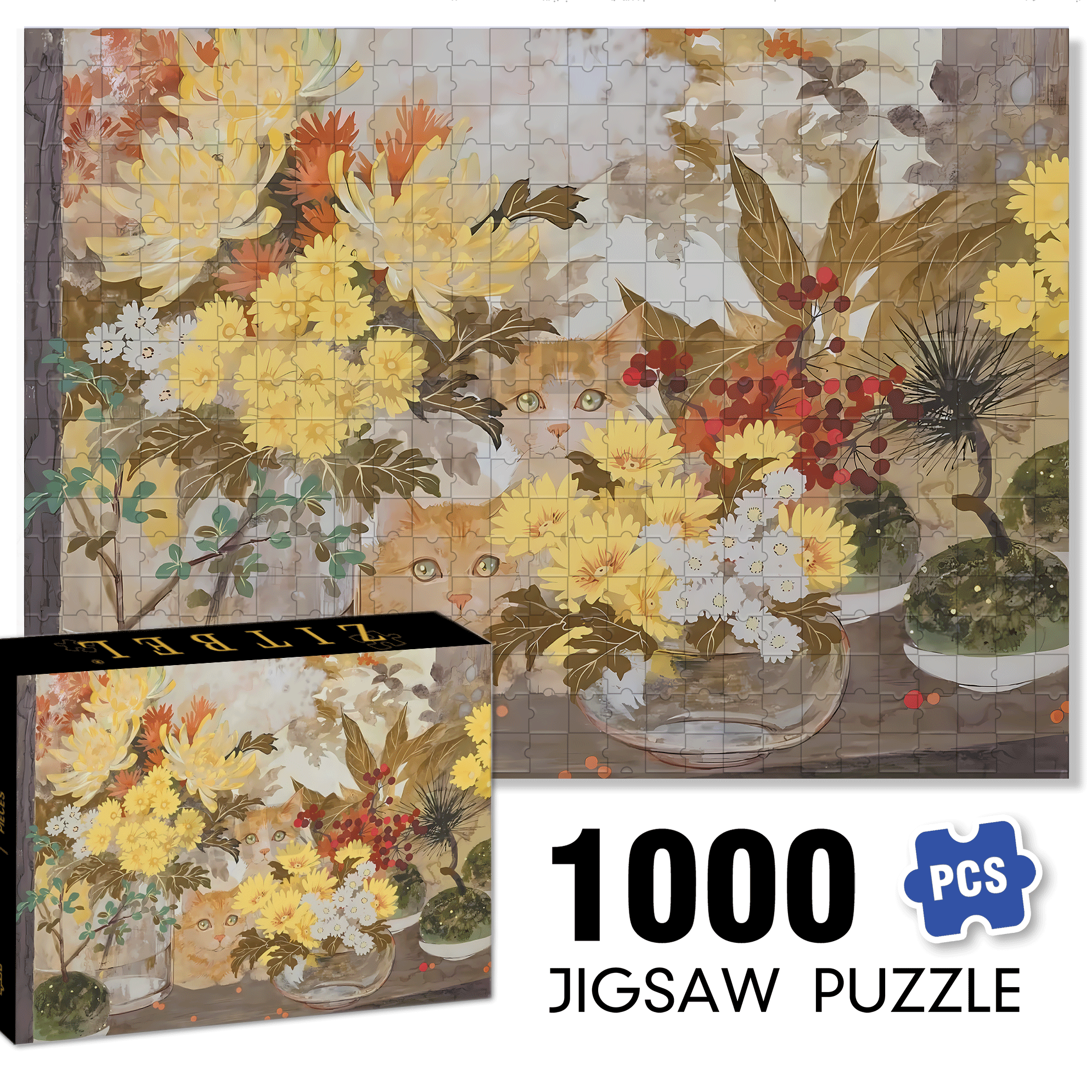 Yellow Flowers And Yellow cat 500pcs/1000pcs Jigsaw Puzzle, Scratch-Resistant, Interactive Family Game & Brain-Boosting DIY Decor, Perfect for Halloween, Christmas & New Year Gifts, Family Puzzle Game