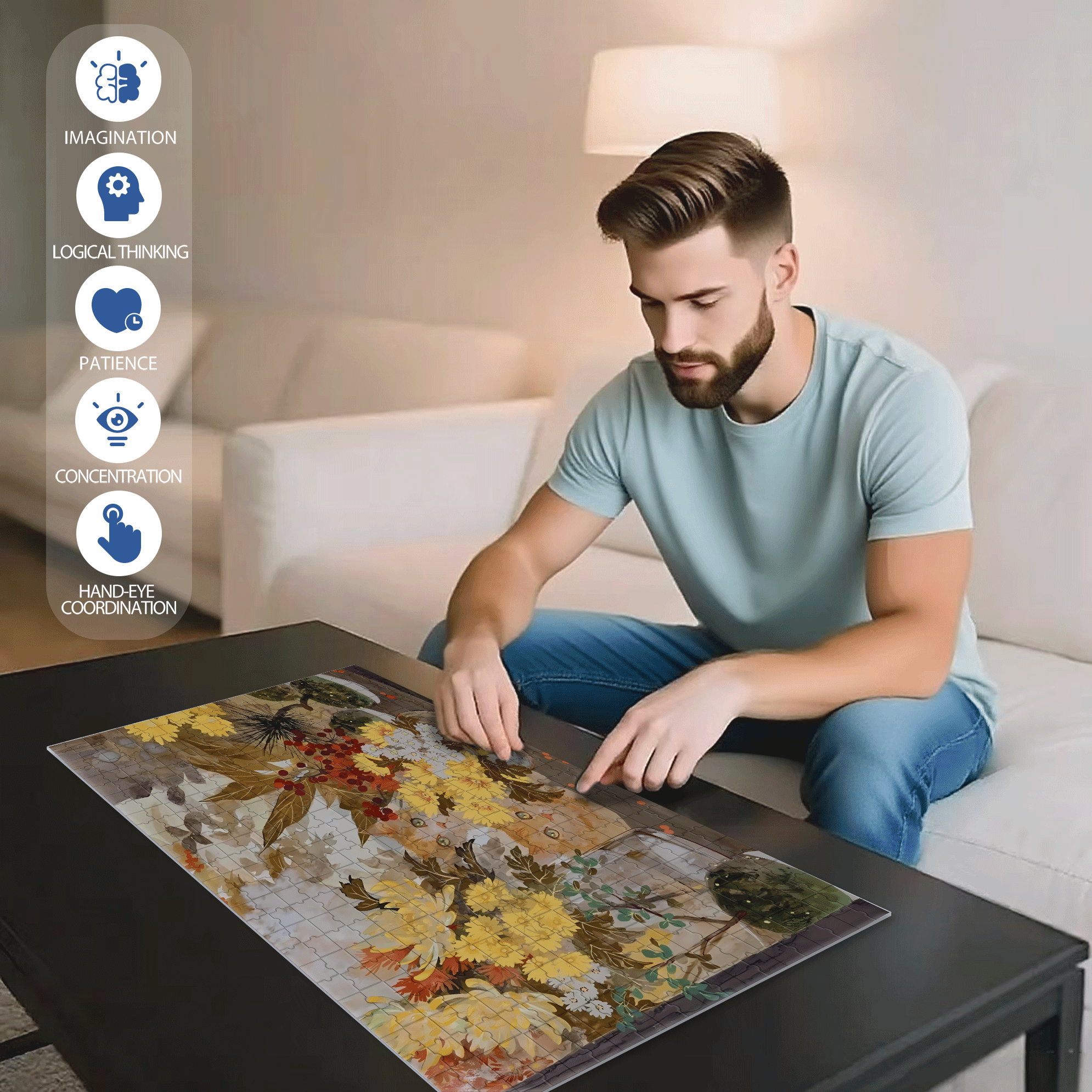 Yellow Flowers And Yellow cat 500pcs/1000pcs Jigsaw Puzzle, Scratch-Resistant, Interactive Family Game & Brain-Boosting DIY Decor, Perfect for Halloween, Christmas & New Year Gifts, Family Puzzle Game