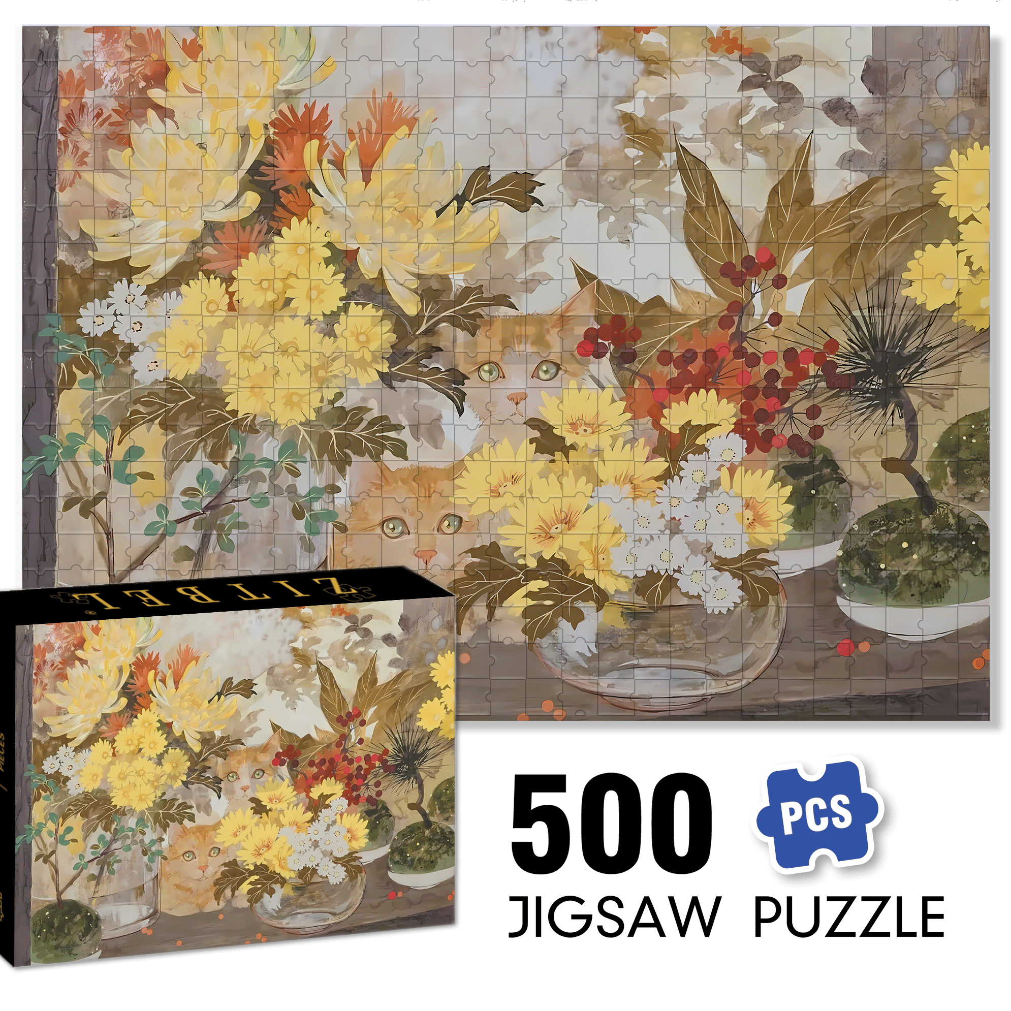 Yellow Flowers And Yellow cat 500pcs/1000pcs Jigsaw Puzzle, Scratch-Resistant, Interactive Family Game & Brain-Boosting DIY Decor, Perfect for Halloween, Christmas & New Year Gifts, Family Puzzle Game