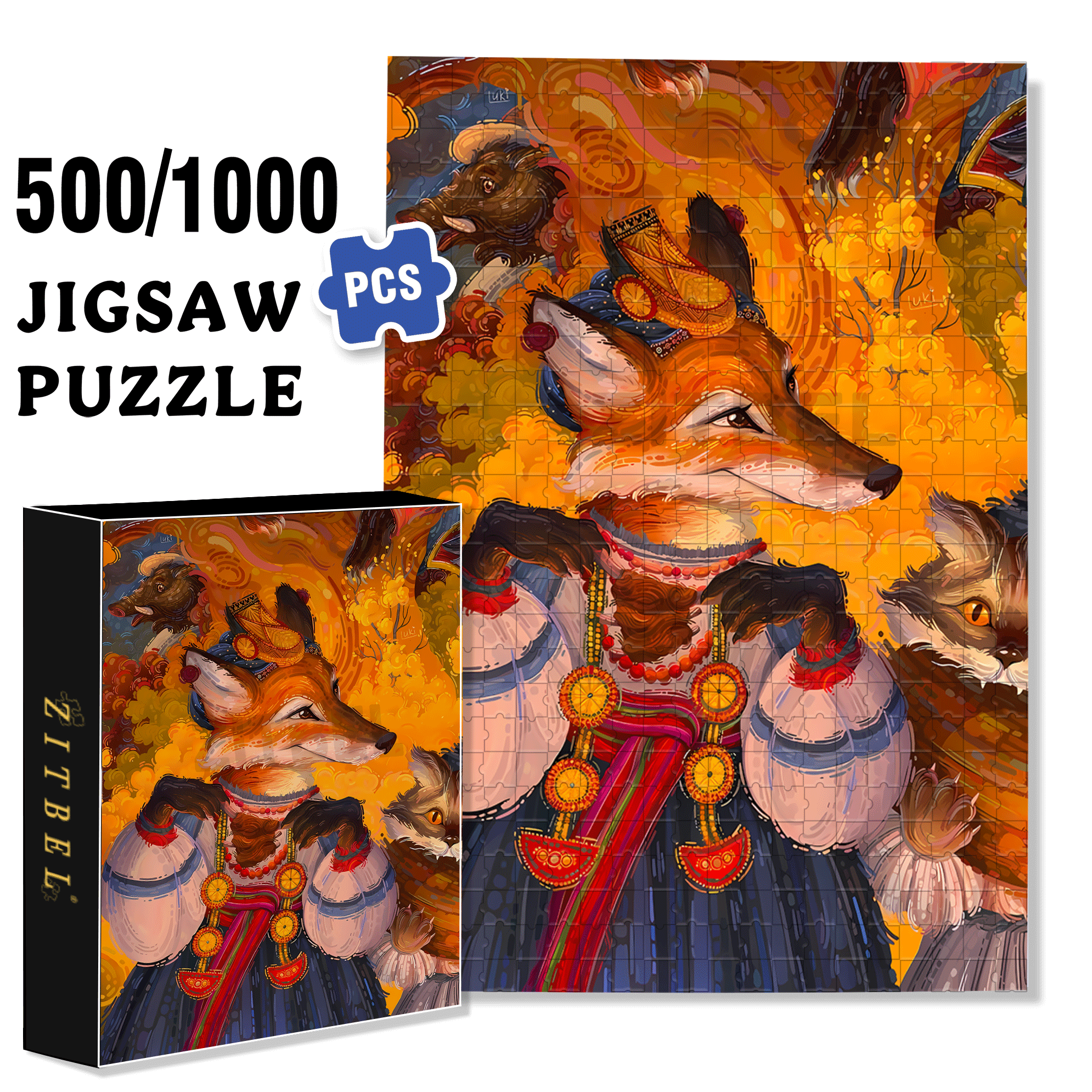 Fire Fox 500pcs/1000pcs Jigsaw Puzzle, Scratch-Resistant, Interactive Family Game & Brain-Boosting DIY Decor, Perfect for Halloween, Christmas & New Year Gifts, Family Puzzle Game