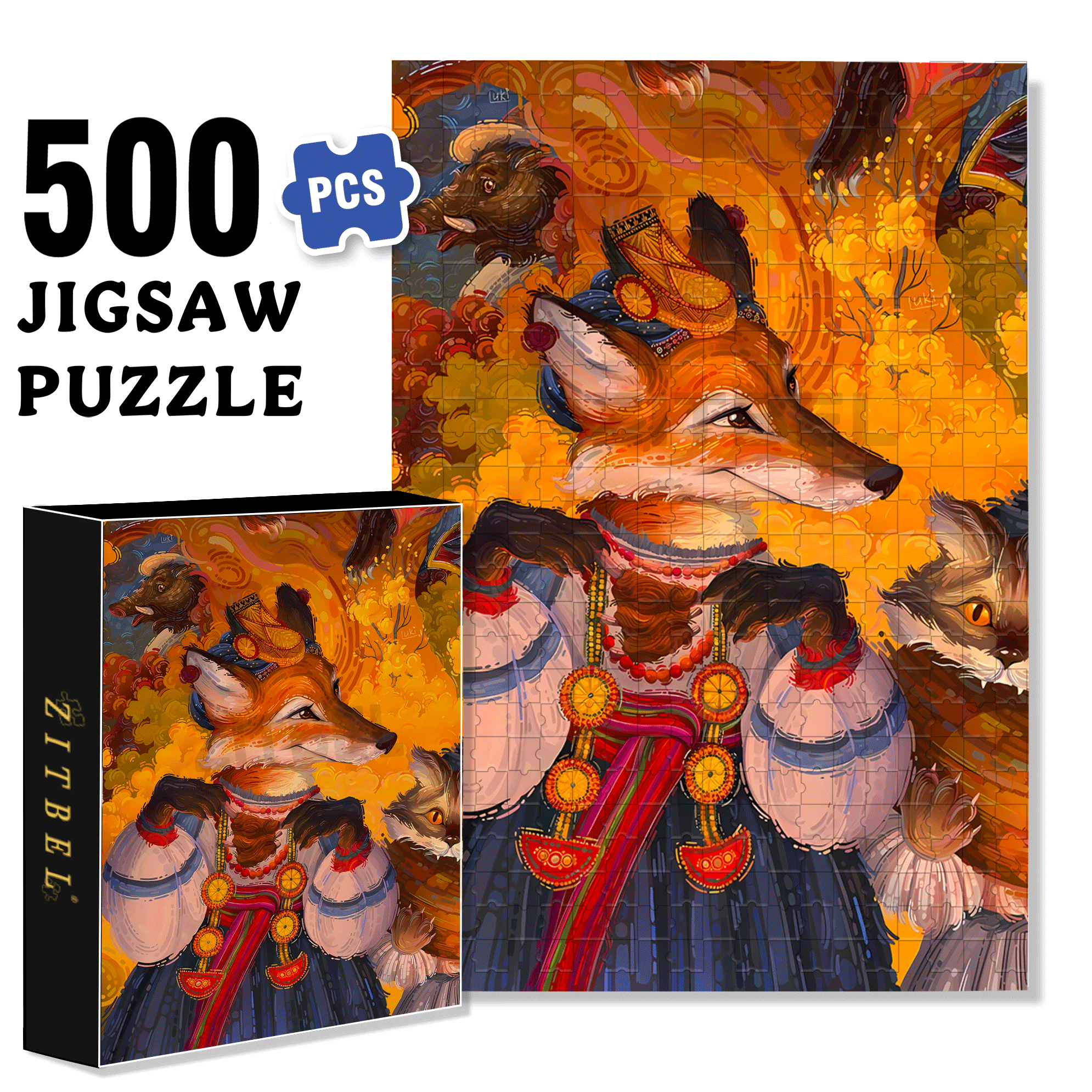 Fire Fox 500pcs/1000pcs Jigsaw Puzzle, Scratch-Resistant, Interactive Family Game & Brain-Boosting DIY Decor, Perfect for Halloween, Christmas & New Year Gifts, Family Puzzle Game