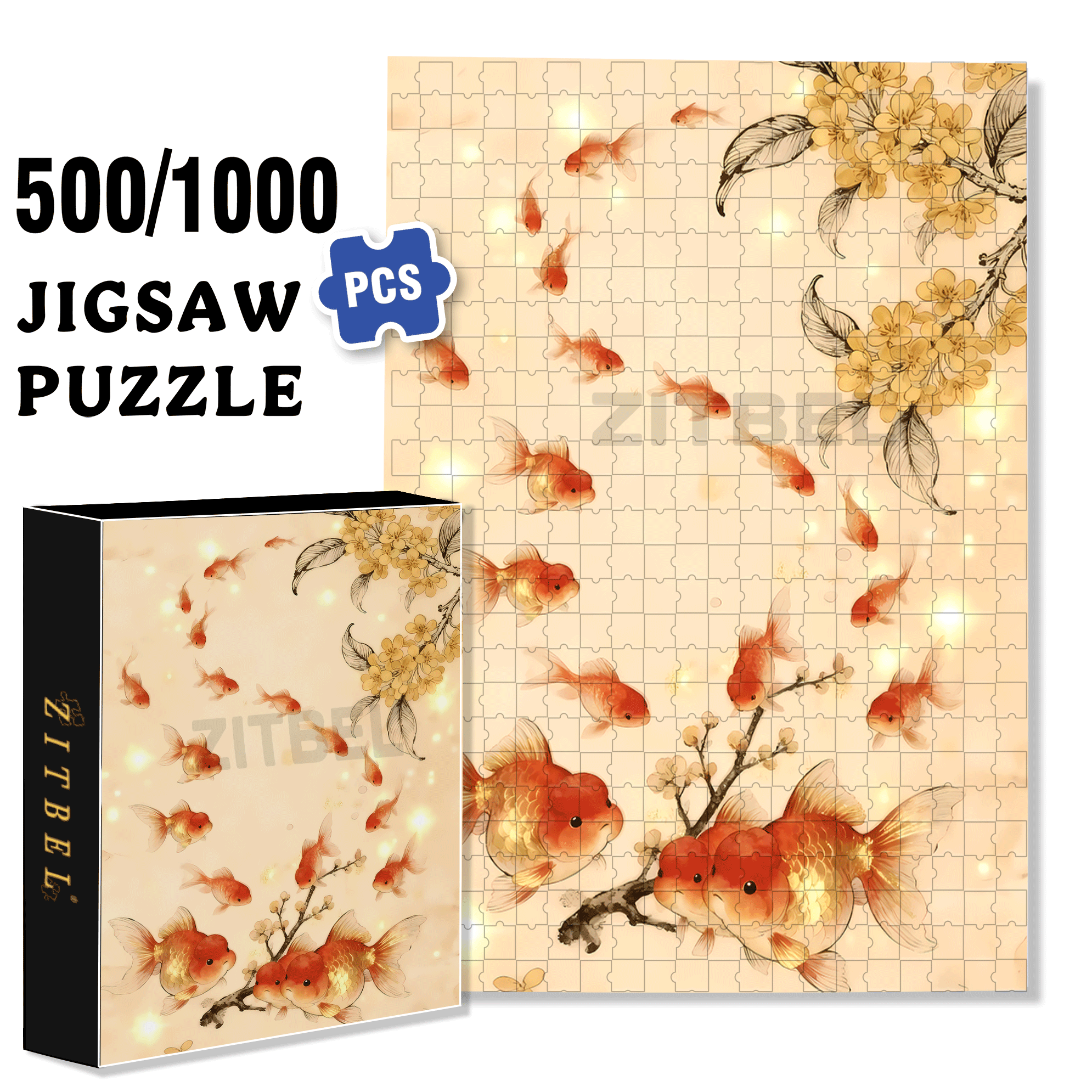 Goldfish and Lotus 500pcs/1000pcs Jigsaw Puzzle, Scratch-Resistant, Interactive Family Game & Brain-Boosting DIY Decor, Perfect for Halloween, Christmas & New Year Gifts, Family Puzzle Game