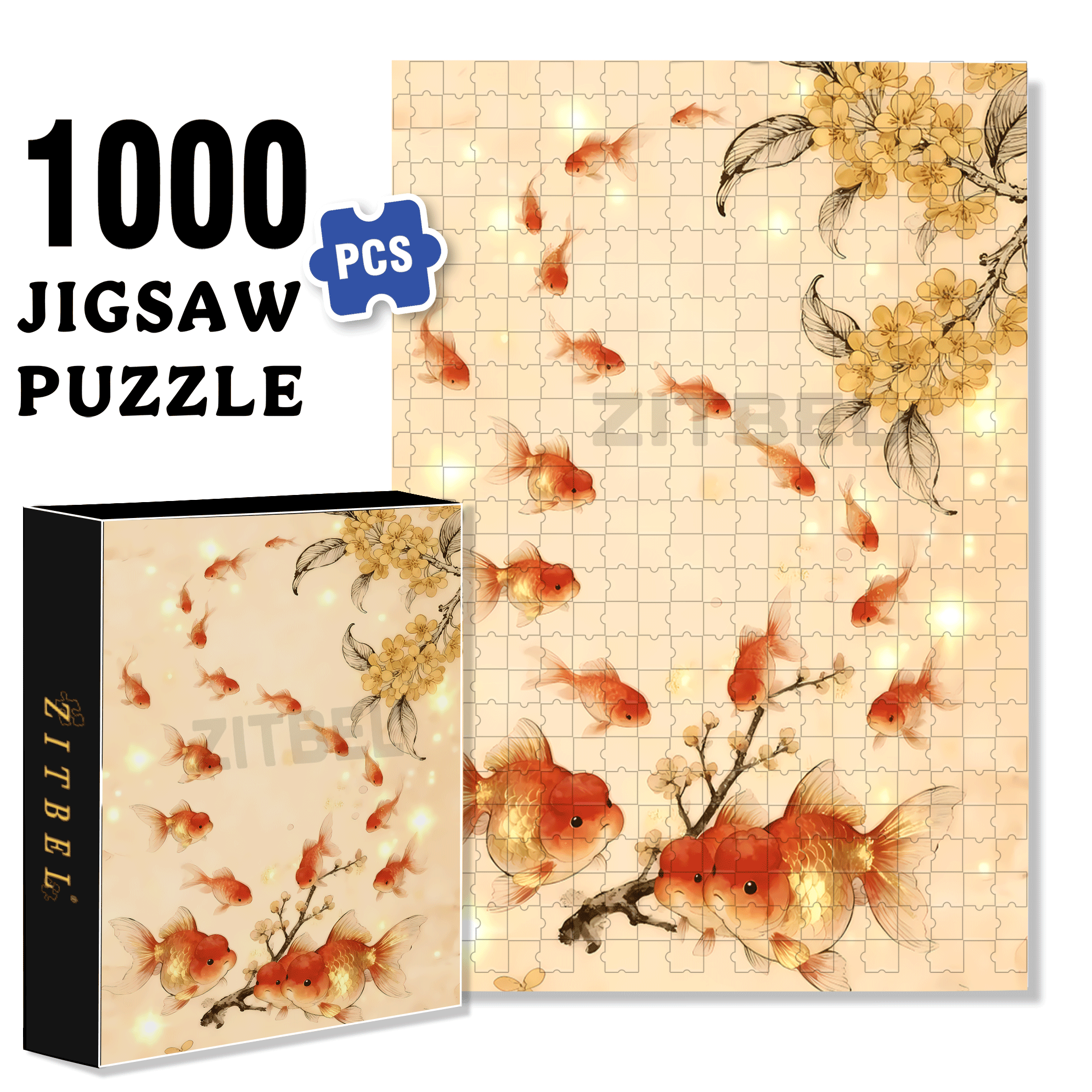 Goldfish and Lotus 500pcs/1000pcs Jigsaw Puzzle, Scratch-Resistant, Interactive Family Game & Brain-Boosting DIY Decor, Perfect for Halloween, Christmas & New Year Gifts, Family Puzzle Game