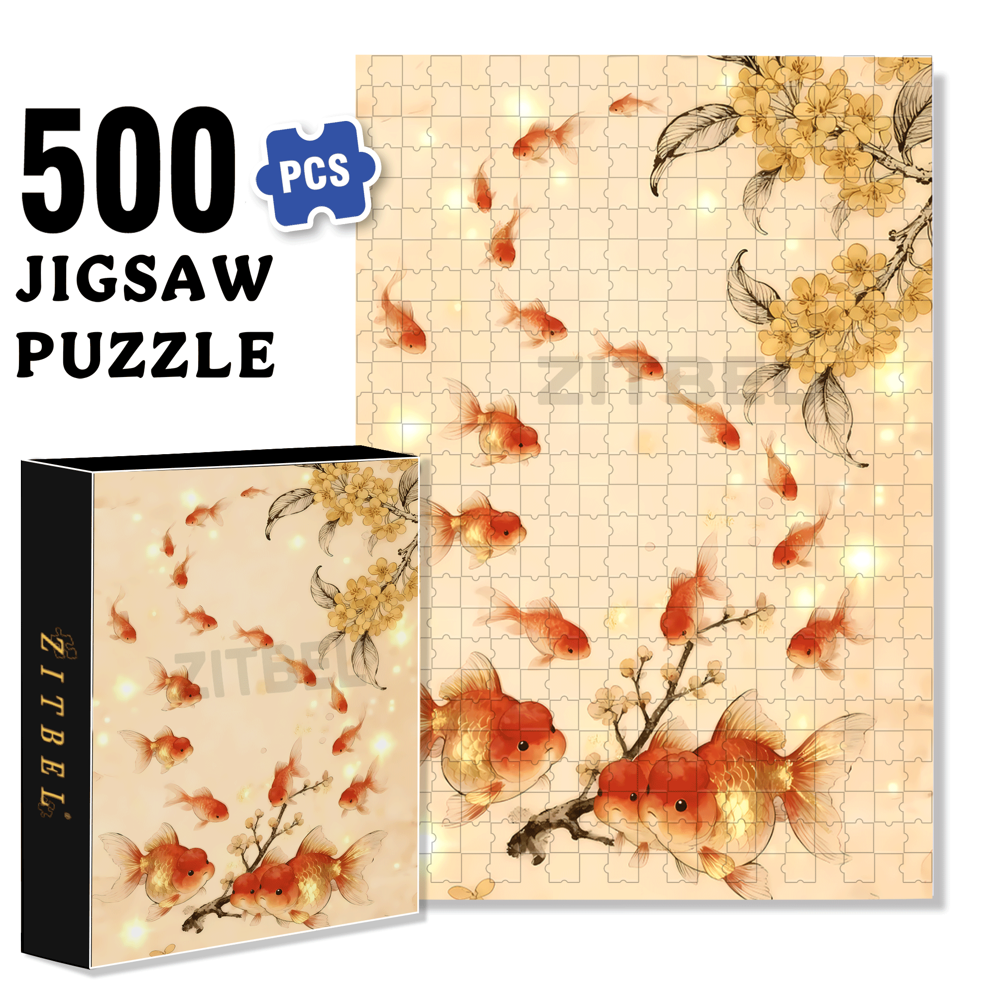 Goldfish and Lotus 500pcs/1000pcs Jigsaw Puzzle, Scratch-Resistant, Interactive Family Game & Brain-Boosting DIY Decor, Perfect for Halloween, Christmas & New Year Gifts, Family Puzzle Game