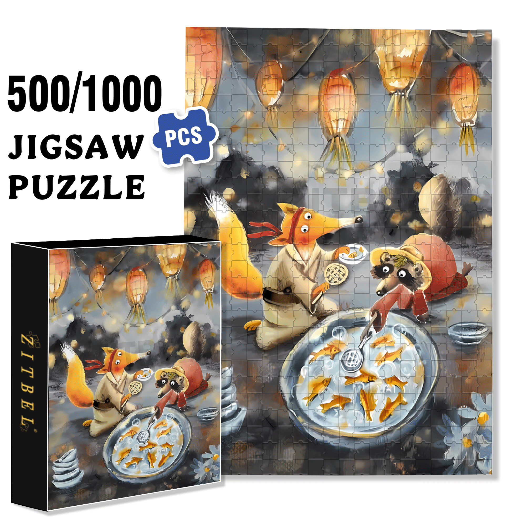 Goldfish Scooping 500pcs/1000pcs Jigsaw Puzzle, Scratch-Resistant, Interactive Family Game & Brain-Boosting DIY Decor, Perfect for Halloween, Christmas & New Year Gifts, Family Puzzle Game