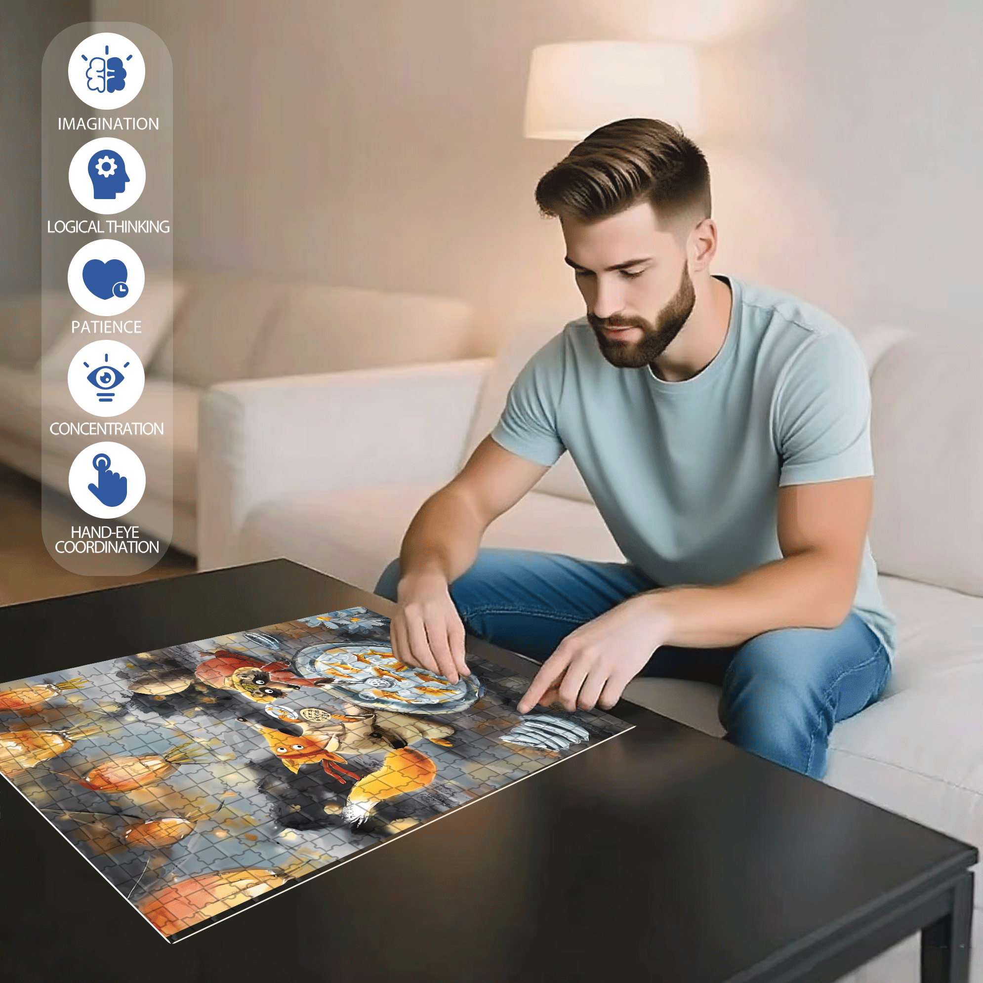 Goldfish Scooping 500pcs/1000pcs Jigsaw Puzzle, Scratch-Resistant, Interactive Family Game & Brain-Boosting DIY Decor, Perfect for Halloween, Christmas & New Year Gifts, Family Puzzle Game
