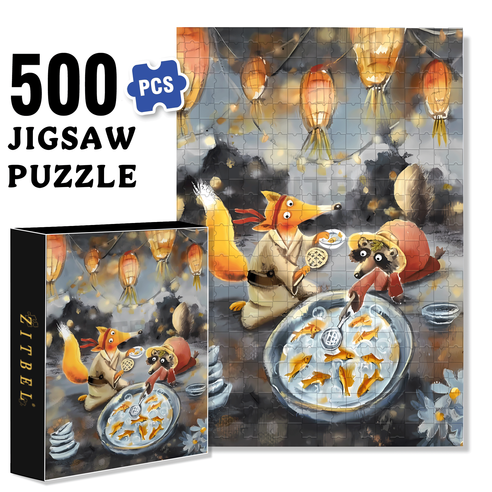 Goldfish Scooping 500pcs/1000pcs Jigsaw Puzzle, Scratch-Resistant, Interactive Family Game & Brain-Boosting DIY Decor, Perfect for Halloween, Christmas & New Year Gifts, Family Puzzle Game