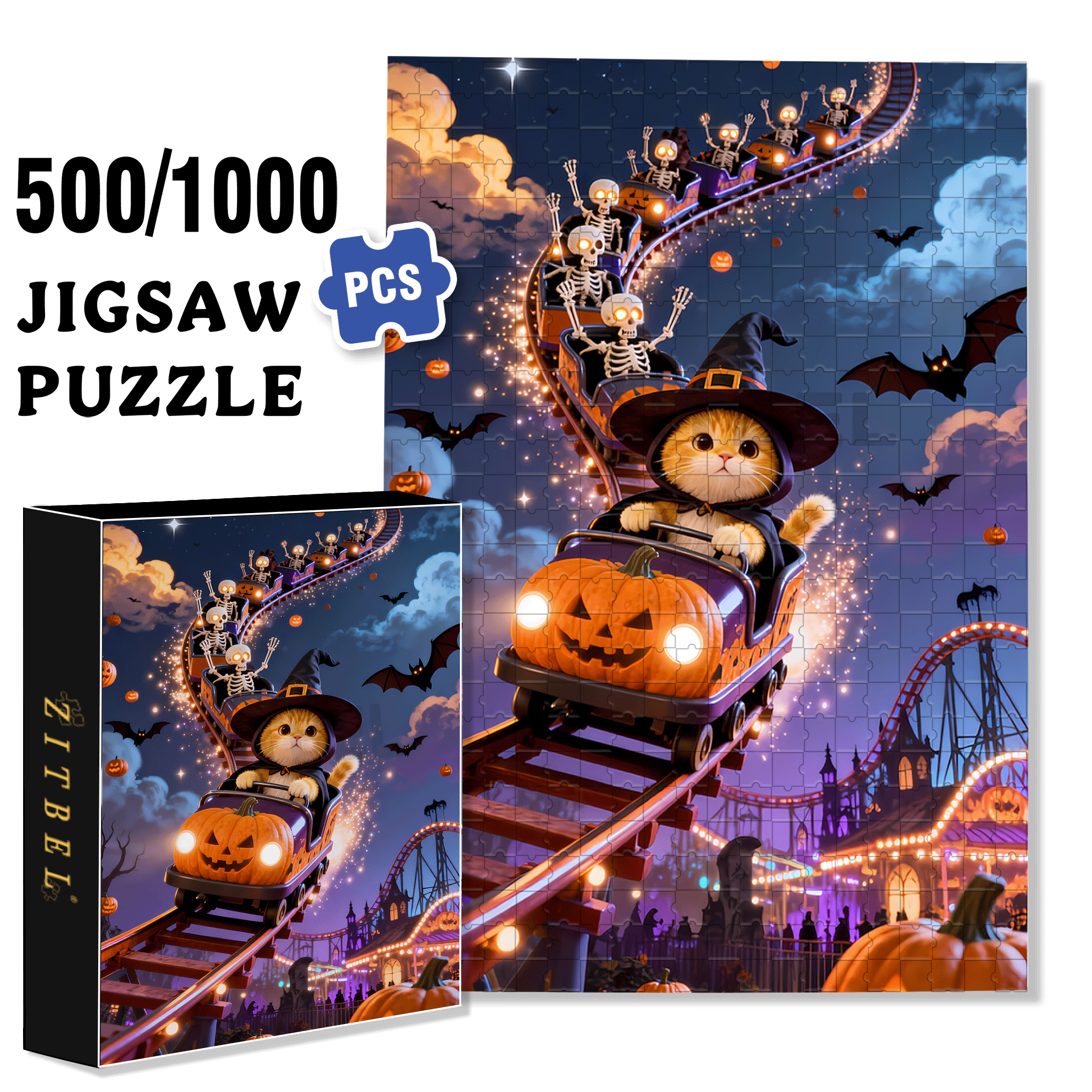 Halloween Roller Coaster 500pcs/1000pcs Jigsaw Puzzle, Scratch-Resistant, Interactive Family Game & Brain-Boosting DIY Decor, Perfect for Halloween, Christmas & New Year Gifts, Family Puzzle Game