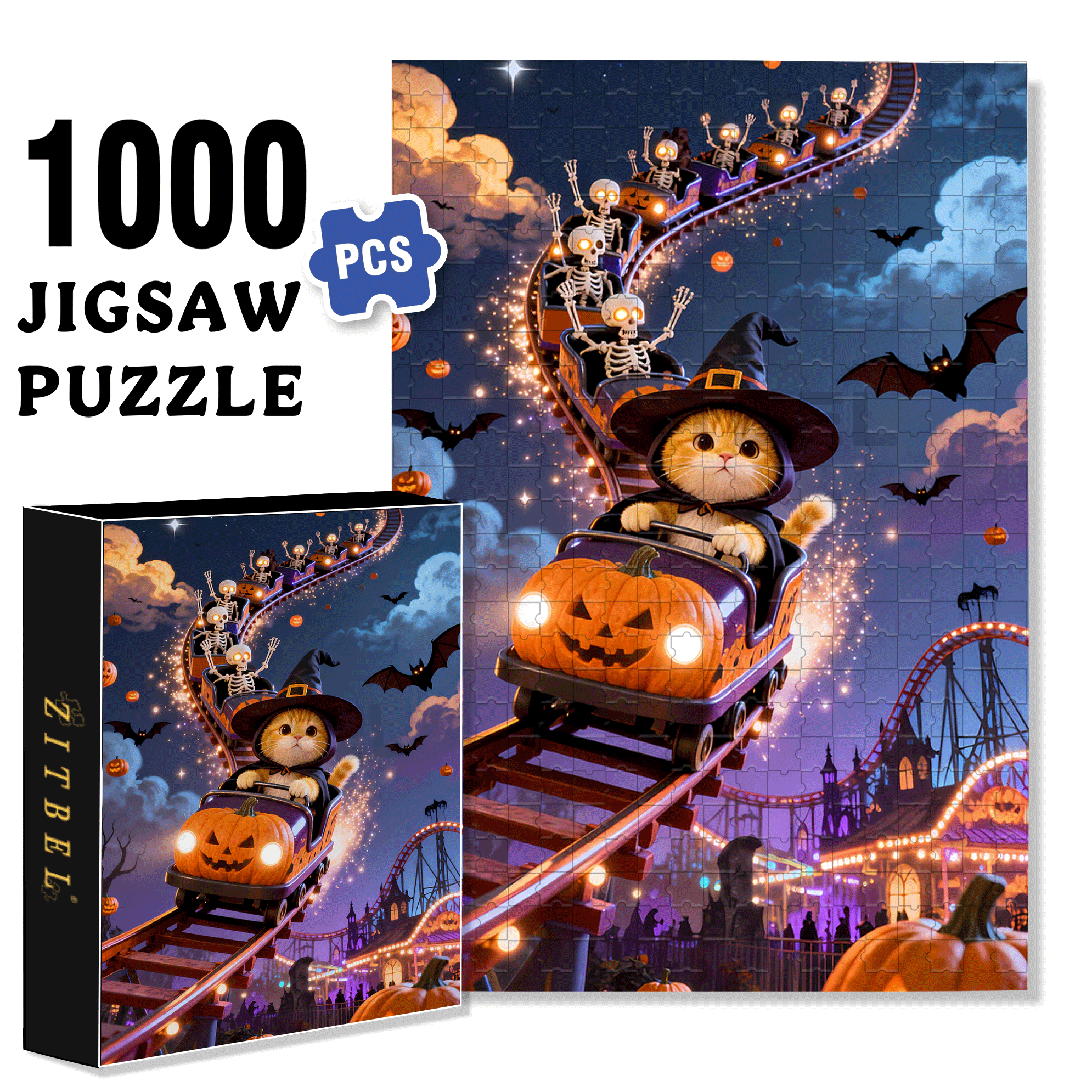 Halloween Roller Coaster 500pcs/1000pcs Jigsaw Puzzle, Scratch-Resistant, Interactive Family Game & Brain-Boosting DIY Decor, Perfect for Halloween, Christmas & New Year Gifts, Family Puzzle Game