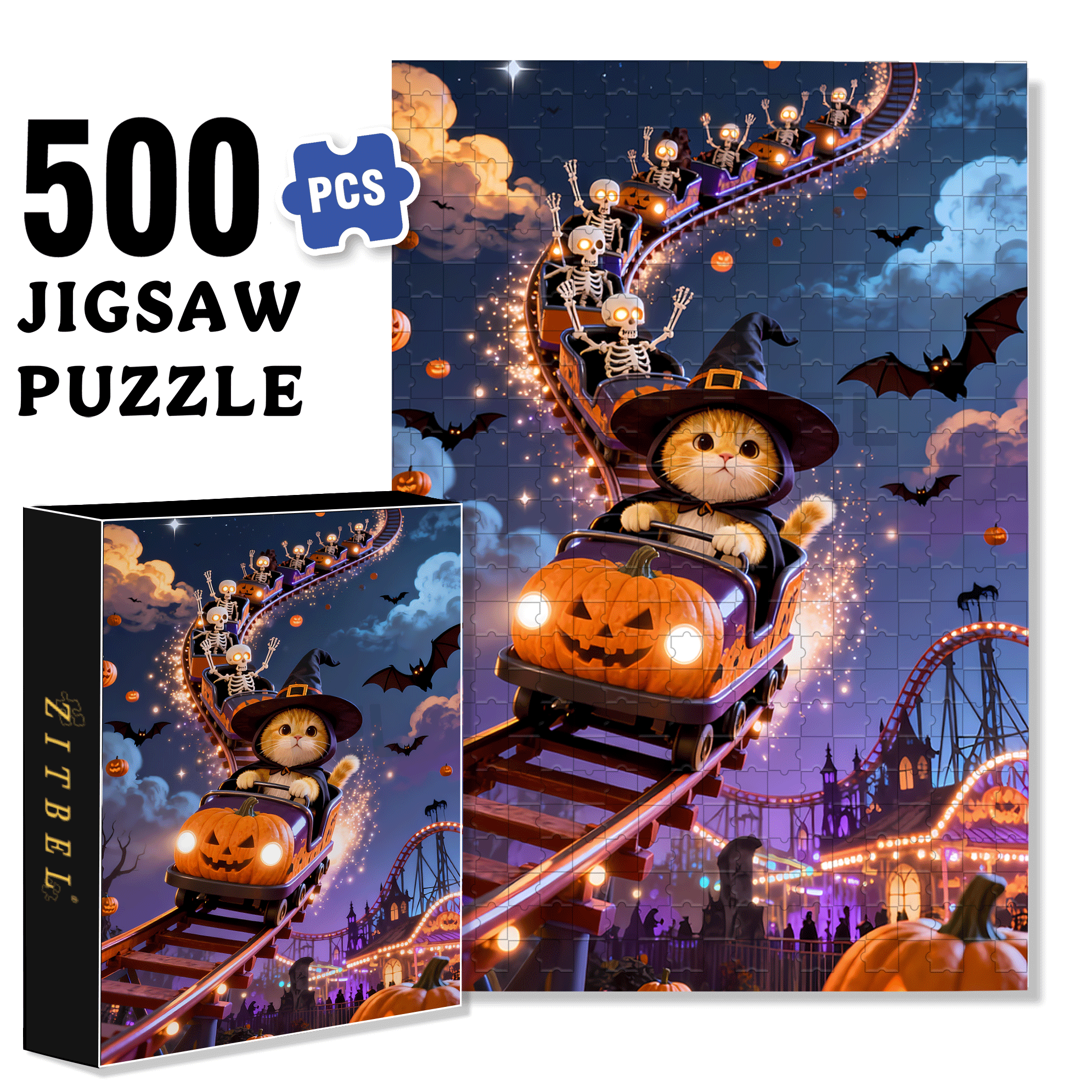 Halloween Roller Coaster 500pcs/1000pcs Jigsaw Puzzle, Scratch-Resistant, Interactive Family Game & Brain-Boosting DIY Decor, Perfect for Halloween, Christmas & New Year Gifts, Family Puzzle Game
