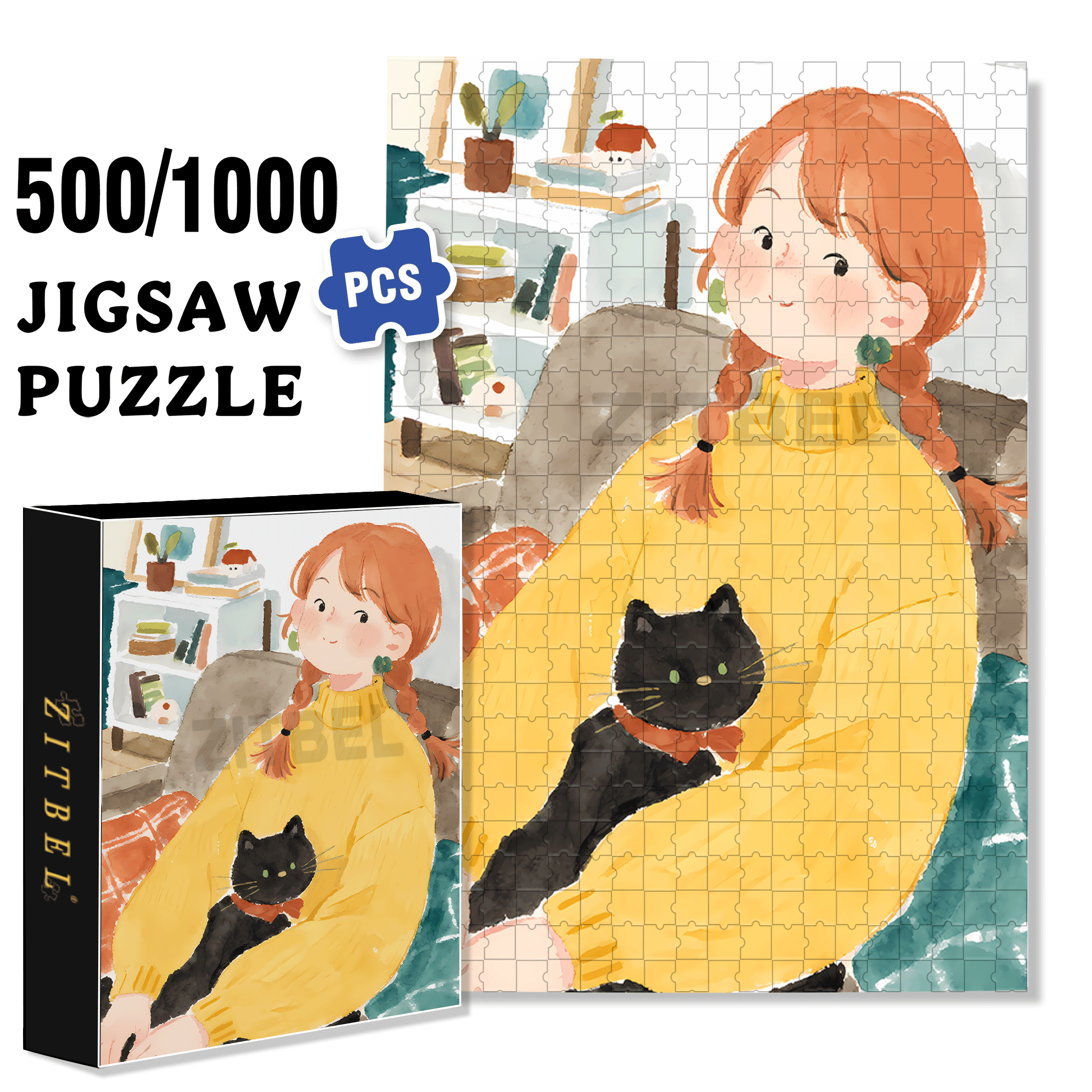 My Little Black Cat 500pcs/1000pcs Jigsaw Puzzle, Scratch-Resistant, Interactive Family Game & Brain-Boosting DIY Decor, Perfect for Halloween, Christmas & New Year Gifts, Family Puzzle Game