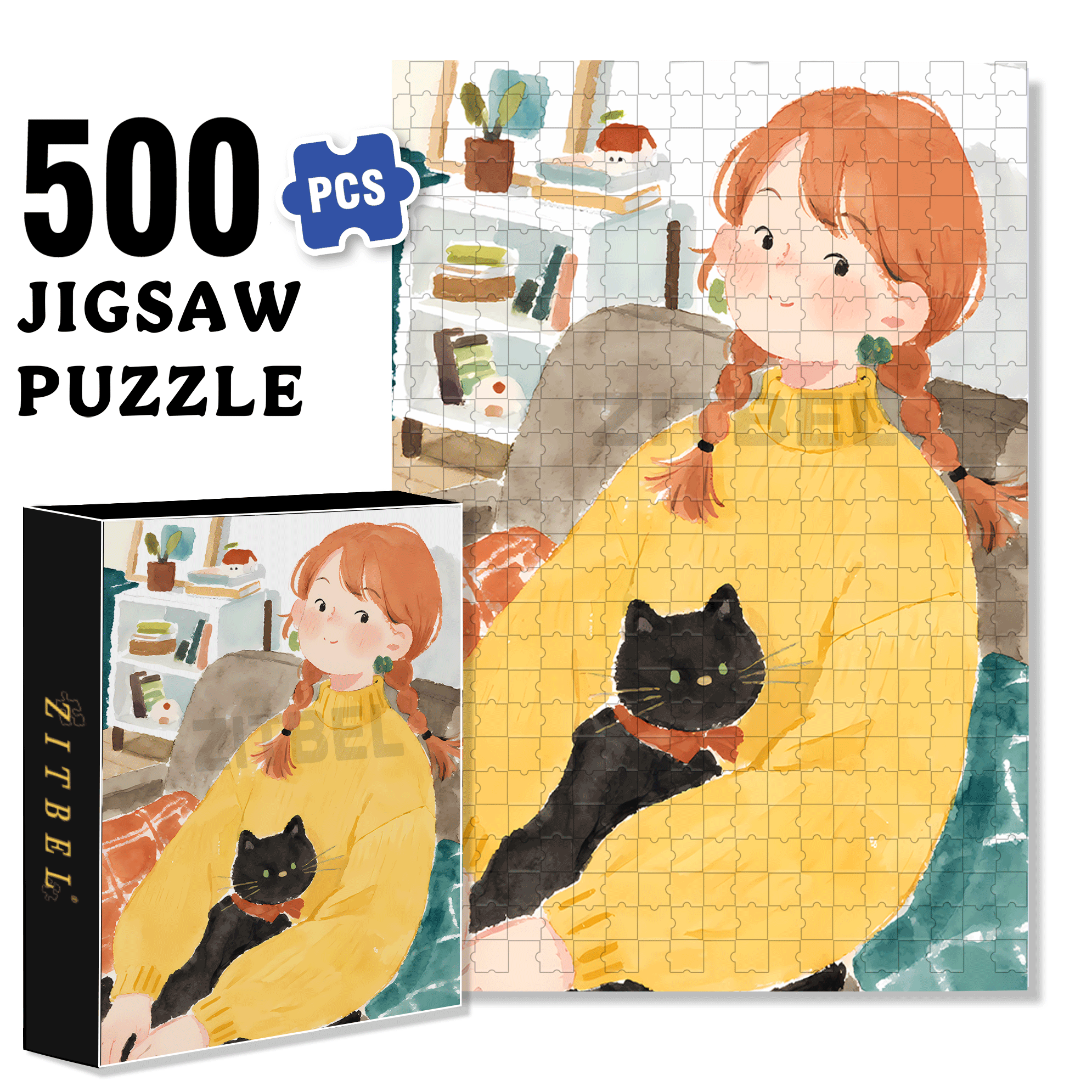 My Little Black Cat 500pcs/1000pcs Jigsaw Puzzle, Scratch-Resistant, Interactive Family Game & Brain-Boosting DIY Decor, Perfect for Halloween, Christmas & New Year Gifts, Family Puzzle Game