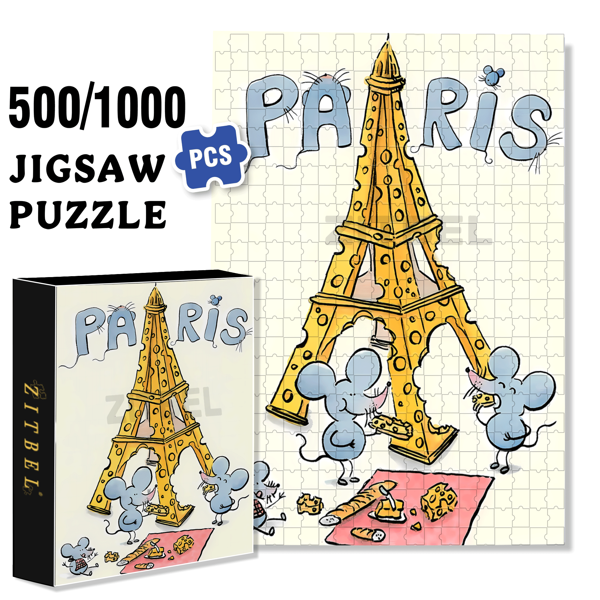 Cheese Paris Eiffel Tower 500pcs/1000pcs Jigsaw Puzzle, Scratch-Resistant, Interactive Family Game & Brain-Boosting DIY Decor, Perfect for Halloween, Christmas & New Year Gifts, Family Puzzle Game