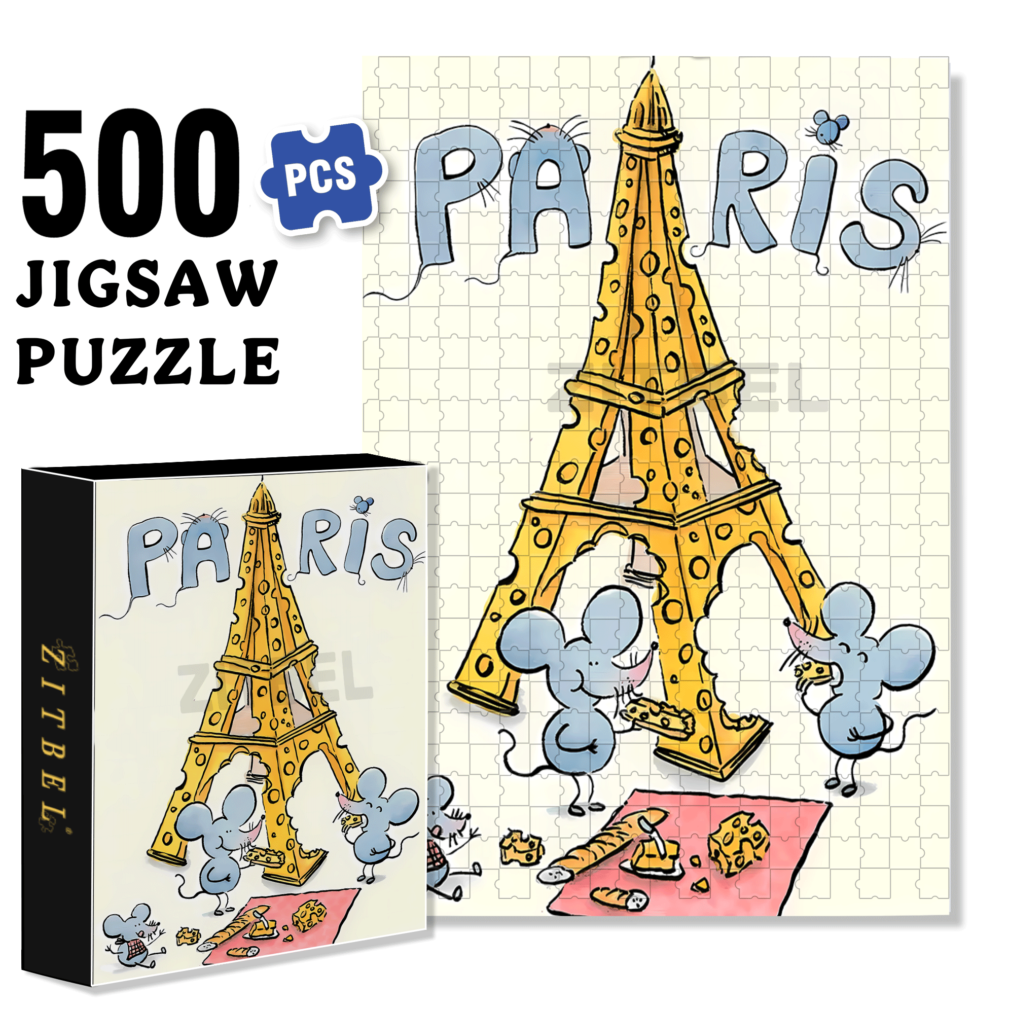 Cheese Paris Eiffel Tower 500pcs/1000pcs Jigsaw Puzzle, Scratch-Resistant, Interactive Family Game & Brain-Boosting DIY Decor, Perfect for Halloween, Christmas & New Year Gifts, Family Puzzle Game