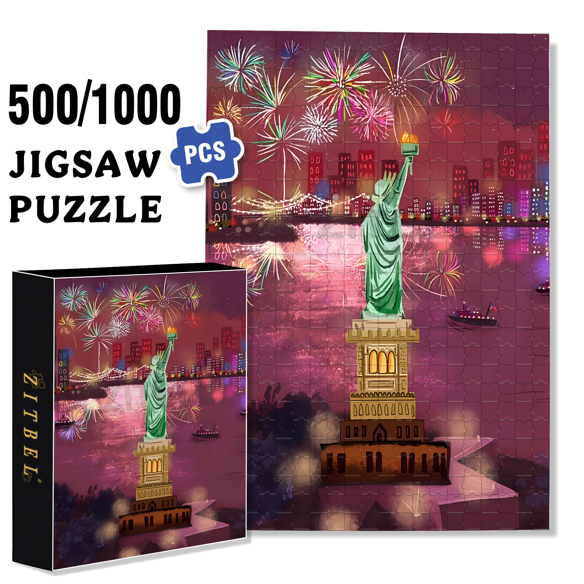 Fireworks And The Statue of Liberty 500pcs/1000pcs Jigsaw Puzzle, Scratch-Resistant, Interactive Family Game & Brain-Boosting DIY Decor, Perfect for Halloween, Christmas & New Year Gifts, Family Puzzle Game