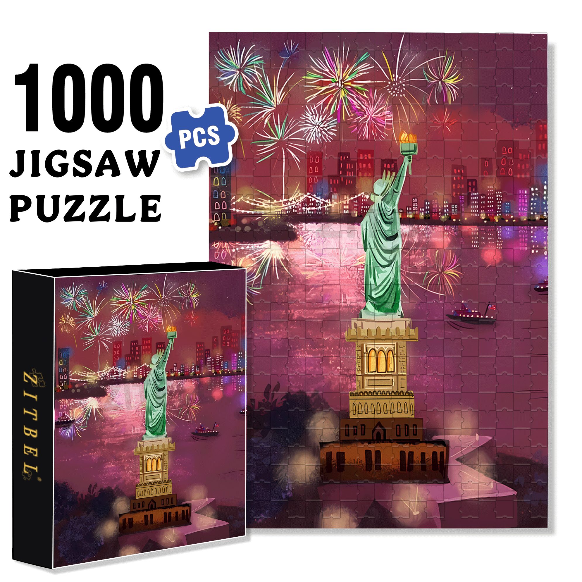 Fireworks And The Statue of Liberty 500pcs/1000pcs Jigsaw Puzzle, Scratch-Resistant, Interactive Family Game & Brain-Boosting DIY Decor, Perfect for Halloween, Christmas & New Year Gifts, Family Puzzle Game