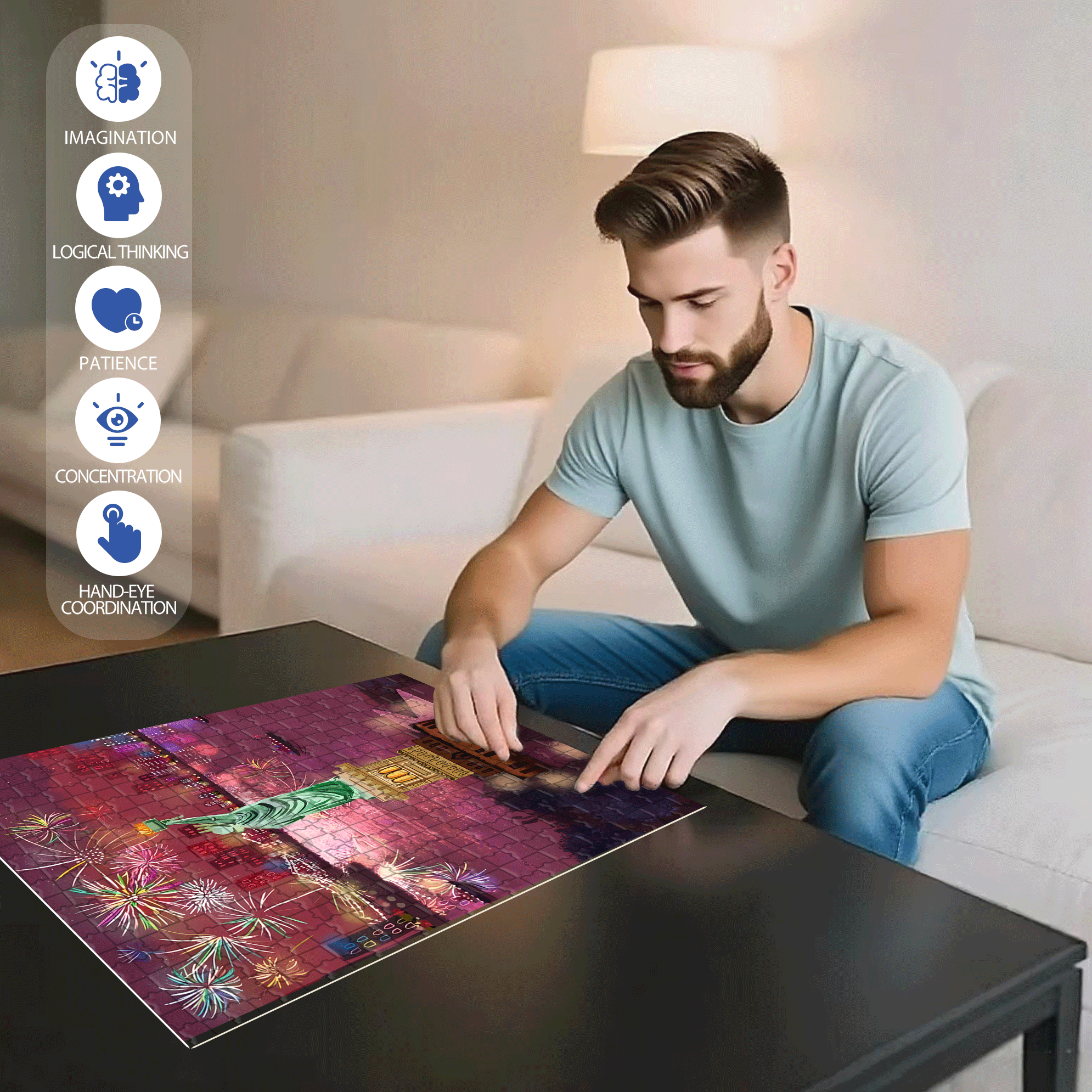 Fireworks And The Statue of Liberty 500pcs/1000pcs Jigsaw Puzzle, Scratch-Resistant, Interactive Family Game & Brain-Boosting DIY Decor, Perfect for Halloween, Christmas & New Year Gifts, Family Puzzle Game