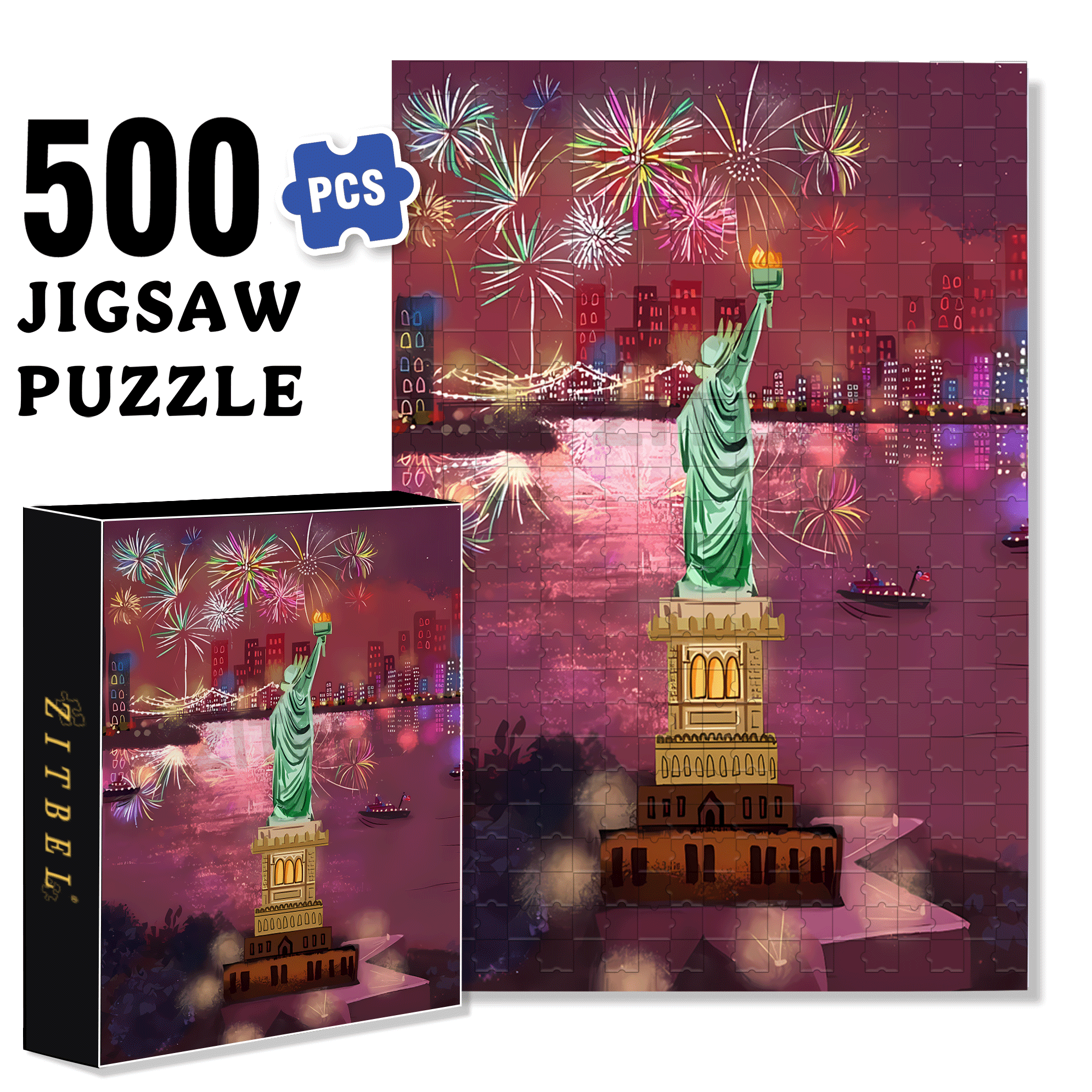 Fireworks And The Statue of Liberty 500pcs/1000pcs Jigsaw Puzzle, Scratch-Resistant, Interactive Family Game & Brain-Boosting DIY Decor, Perfect for Halloween, Christmas & New Year Gifts, Family Puzzle Game