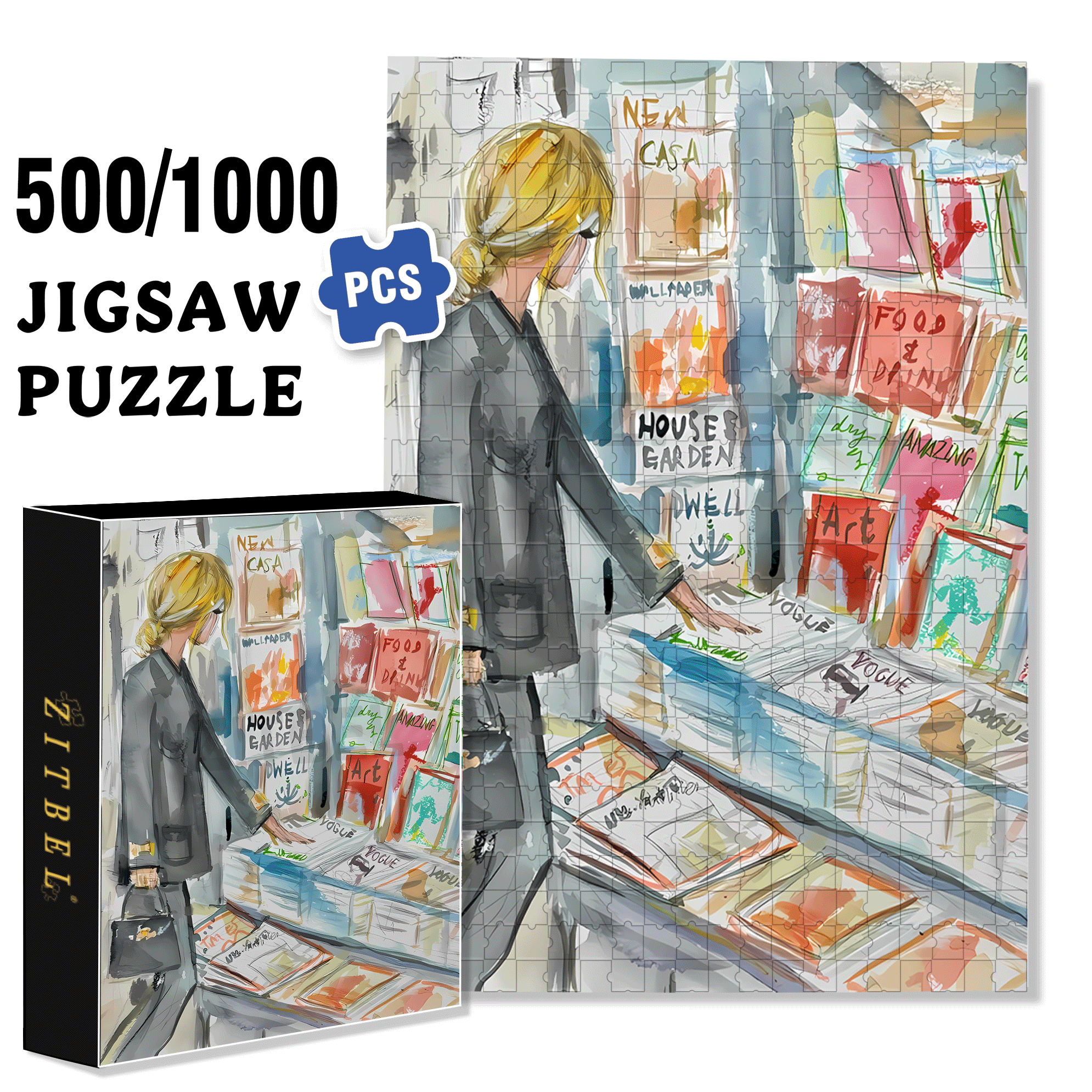 Magazine Stand 2 500pcs/1000pcs Jigsaw Puzzle, Scratch-Resistant, Interactive Family Game & Brain-Boosting DIY Decor, Perfect for Halloween, Christmas & New Year Gifts, Family Puzzle Game