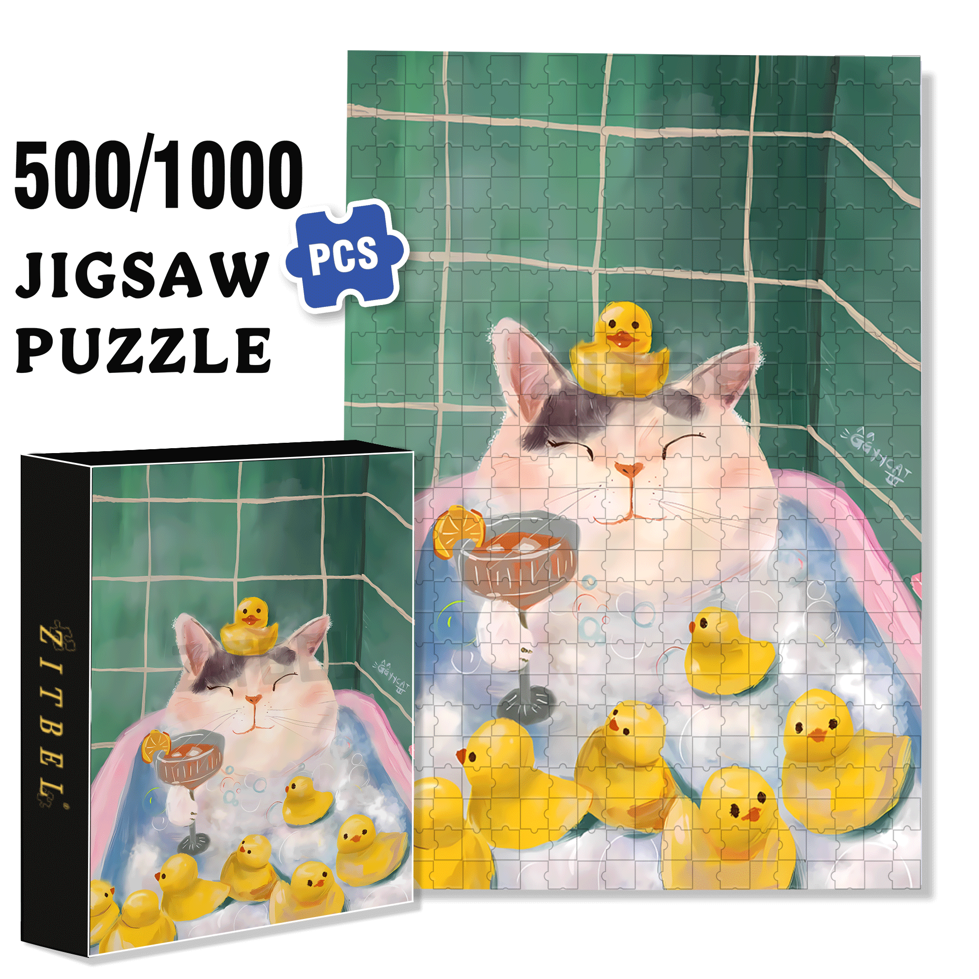 Relaxing Cat in Bubble Bath 500pcs/1000pcs Jigsaw Puzzle, Scratch-Resistant, Interactive Family Game & Brain-Boosting DIY Decor, Perfect for Halloween, Christmas & New Year Gifts, Family Puzzle Game