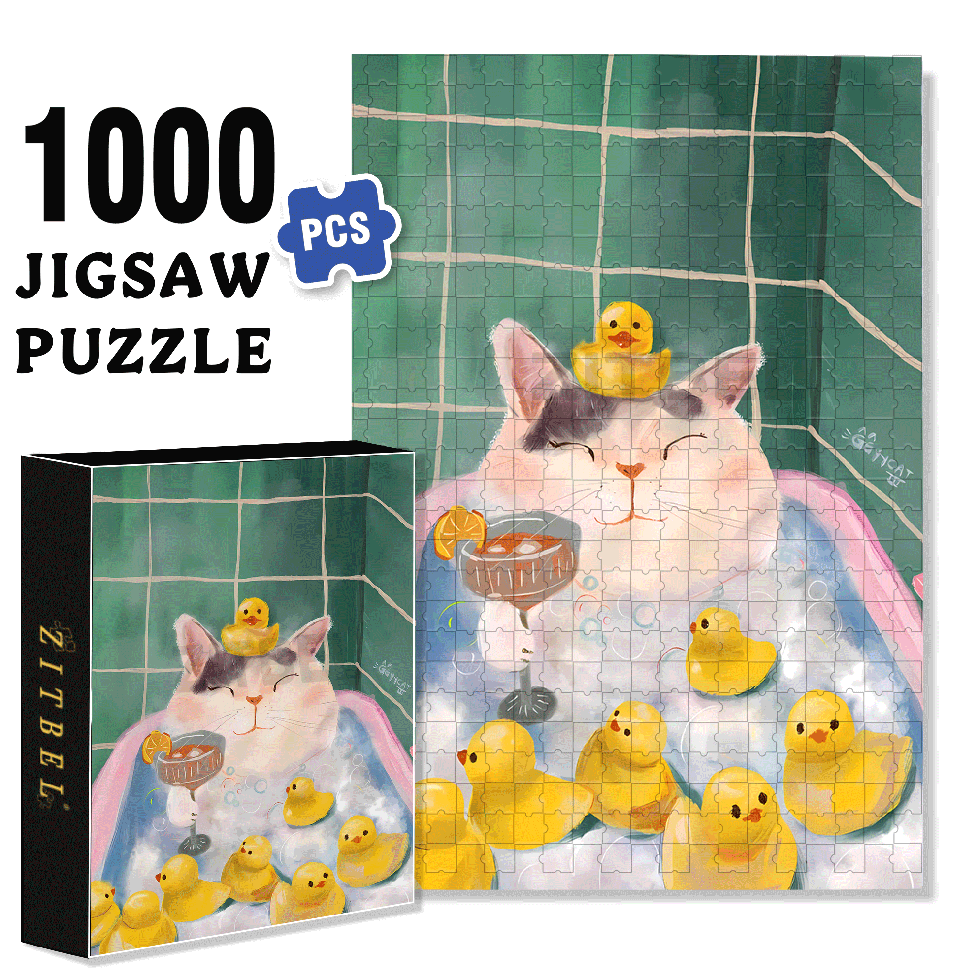 Relaxing Cat in Bubble Bath 500pcs/1000pcs Jigsaw Puzzle, Scratch-Resistant, Interactive Family Game & Brain-Boosting DIY Decor, Perfect for Halloween, Christmas & New Year Gifts, Family Puzzle Game