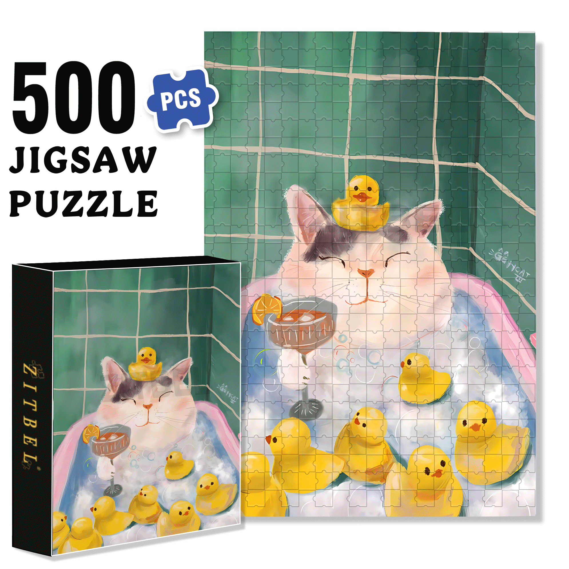 Relaxing Cat in Bubble Bath 500pcs/1000pcs Jigsaw Puzzle, Scratch-Resistant, Interactive Family Game & Brain-Boosting DIY Decor, Perfect for Halloween, Christmas & New Year Gifts, Family Puzzle Game