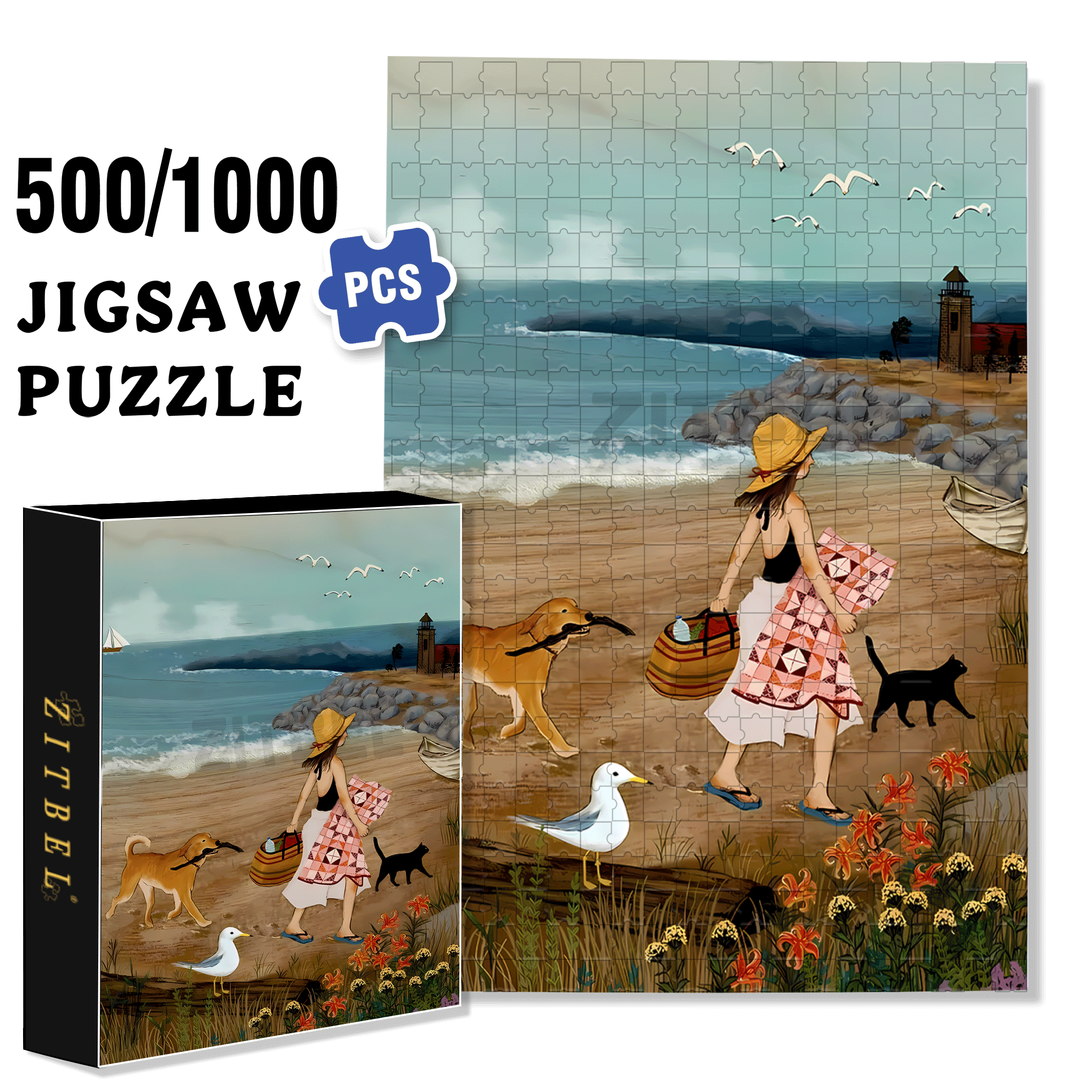 Summer Beach Picnic 500pcs/1000pcs Jigsaw Puzzle, Scratch-Resistant, Interactive Family Game & Brain-Boosting DIY Decor, Perfect for Halloween, Christmas & New Year Gifts, Family Puzzle Game