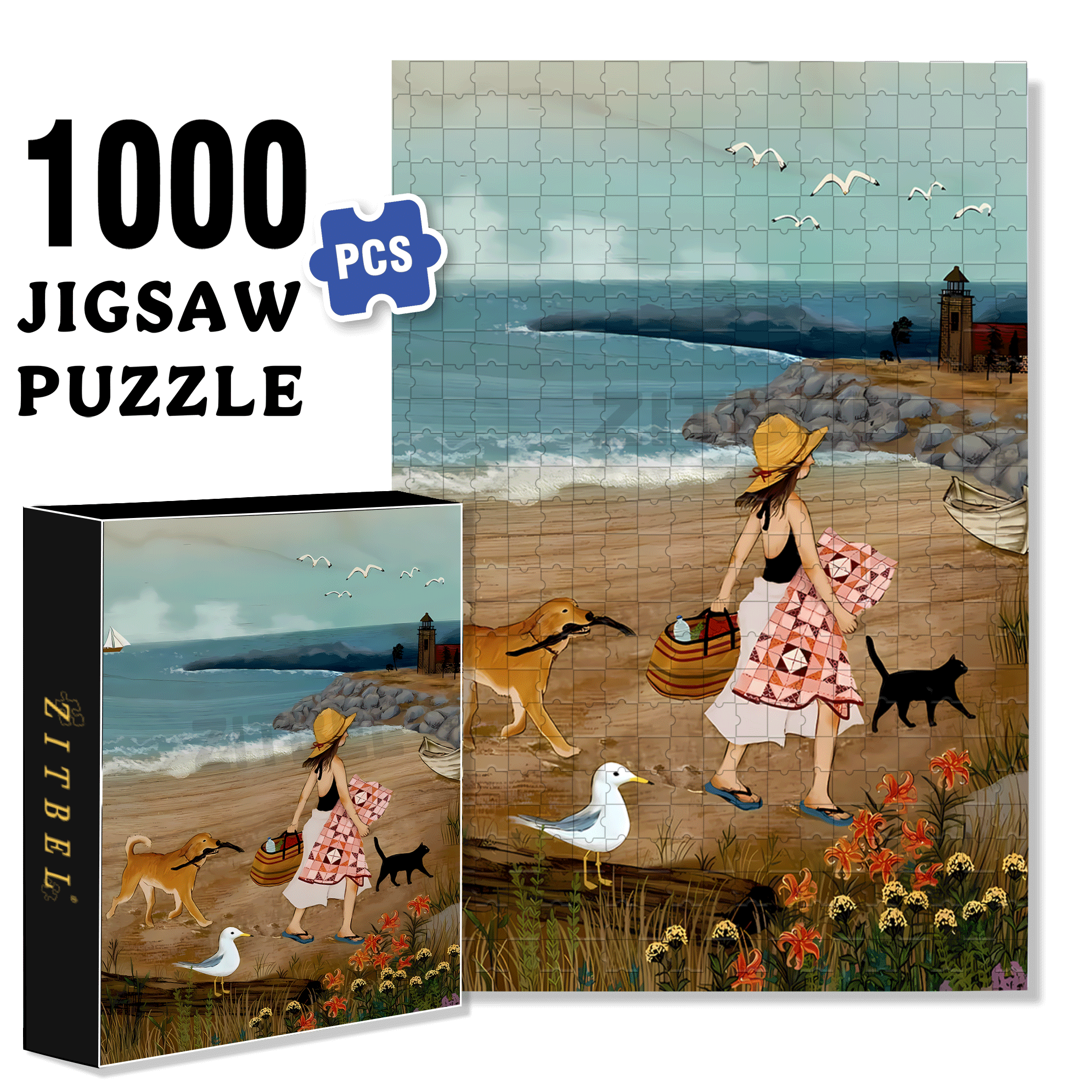 Summer Beach Picnic 500pcs/1000pcs Jigsaw Puzzle, Scratch-Resistant, Interactive Family Game & Brain-Boosting DIY Decor, Perfect for Halloween, Christmas & New Year Gifts, Family Puzzle Game