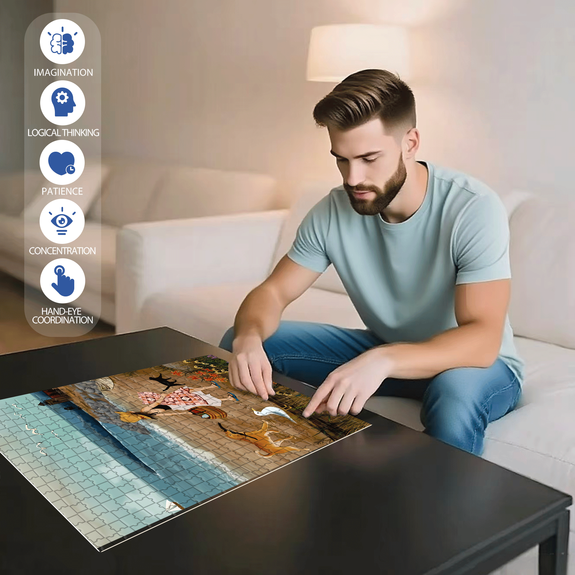 Summer Beach Picnic 500pcs/1000pcs Jigsaw Puzzle, Scratch-Resistant, Interactive Family Game & Brain-Boosting DIY Decor, Perfect for Halloween, Christmas & New Year Gifts, Family Puzzle Game
