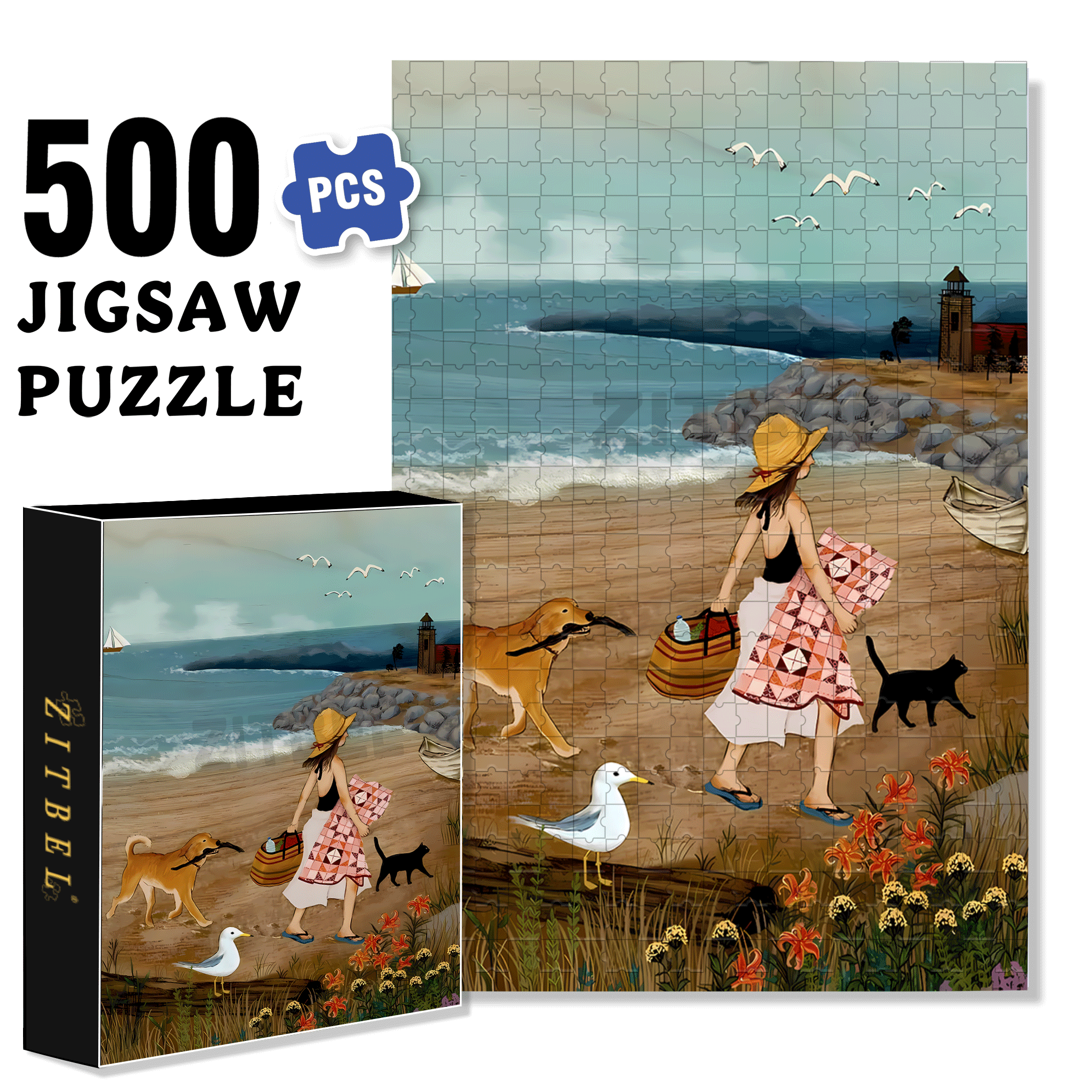 Summer Beach Picnic 500pcs/1000pcs Jigsaw Puzzle, Scratch-Resistant, Interactive Family Game & Brain-Boosting DIY Decor, Perfect for Halloween, Christmas & New Year Gifts, Family Puzzle Game