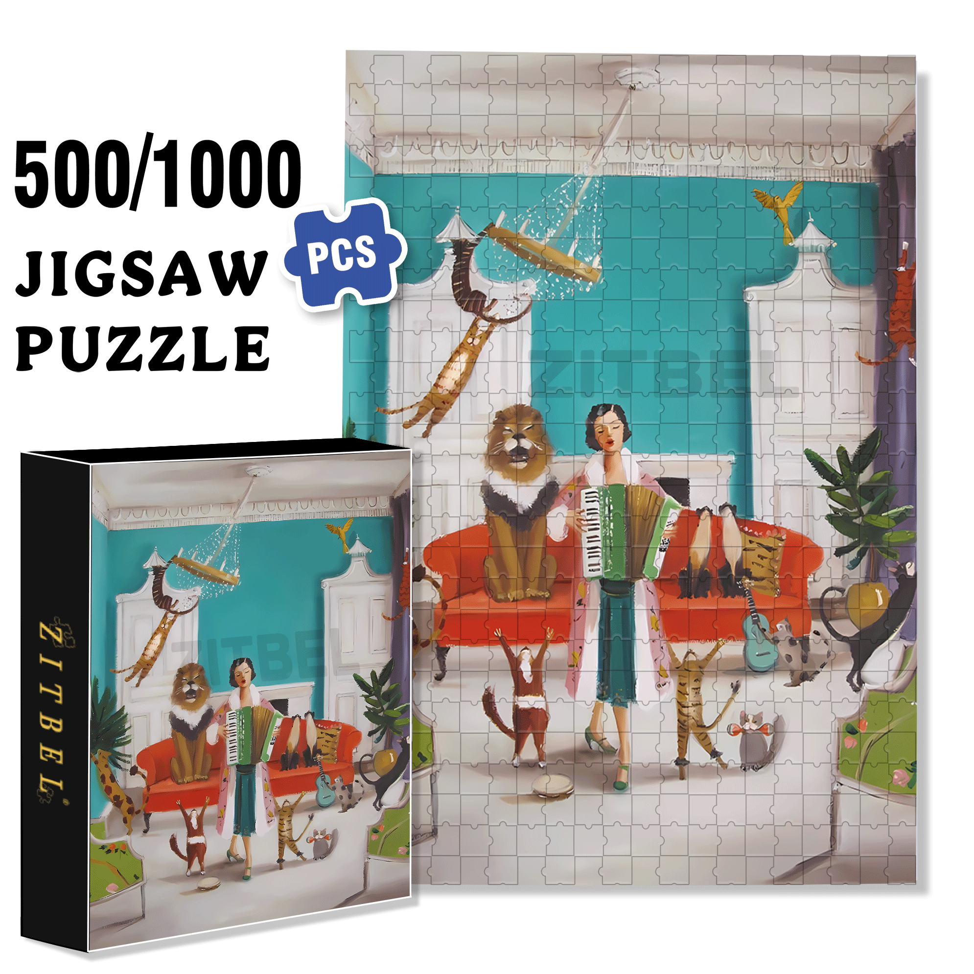 Swinging Cat 500pcs/1000pcs Jigsaw Puzzle, Scratch-Resistant, Interactive Family Game & Brain-Boosting DIY Decor, Perfect for Halloween, Christmas & New Year Gifts, Family Puzzle Game