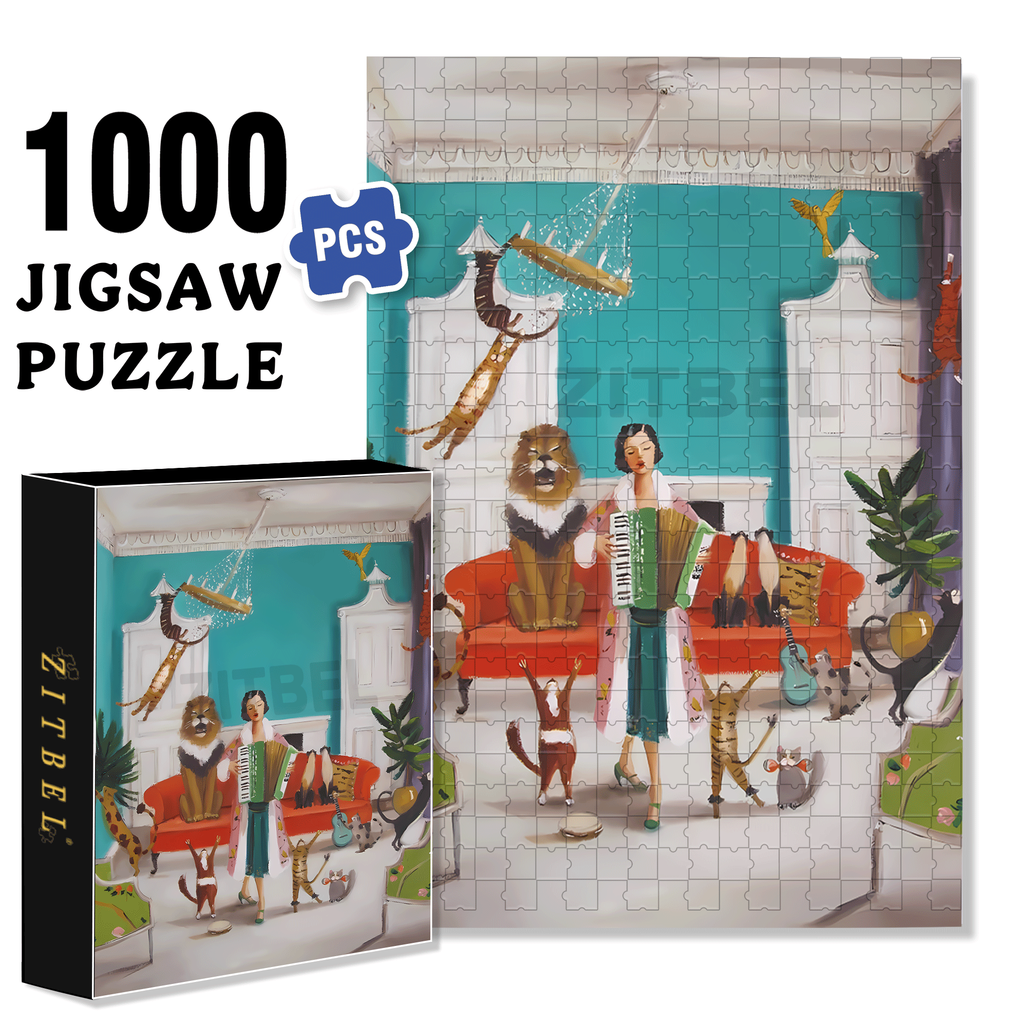 Swinging Cat 500pcs/1000pcs Jigsaw Puzzle, Scratch-Resistant, Interactive Family Game & Brain-Boosting DIY Decor, Perfect for Halloween, Christmas & New Year Gifts, Family Puzzle Game