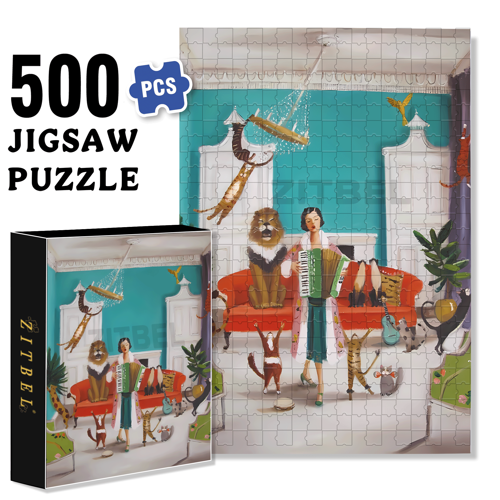 Swinging Cat 500pcs/1000pcs Jigsaw Puzzle, Scratch-Resistant, Interactive Family Game & Brain-Boosting DIY Decor, Perfect for Halloween, Christmas & New Year Gifts, Family Puzzle Game