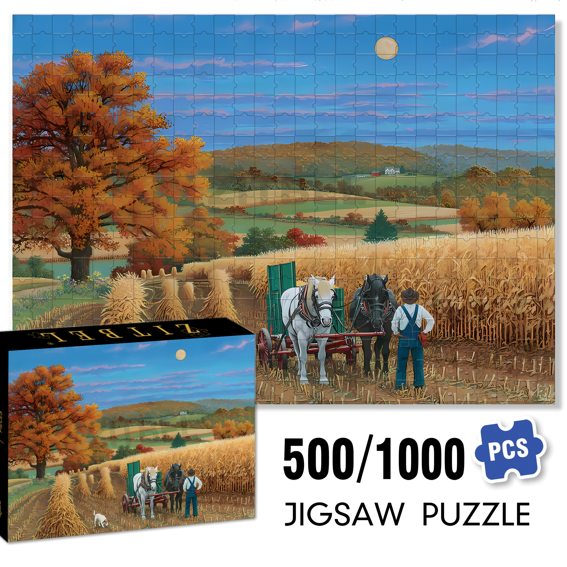 Harvest Moon 500pcs/1000pcs Jigsaw Puzzle, Scratch-Resistant, Interactive Family Game & Brain-Boosting DIY Decor, Perfect for Halloween, Christmas & New Year Gifts, Family Puzzle Game