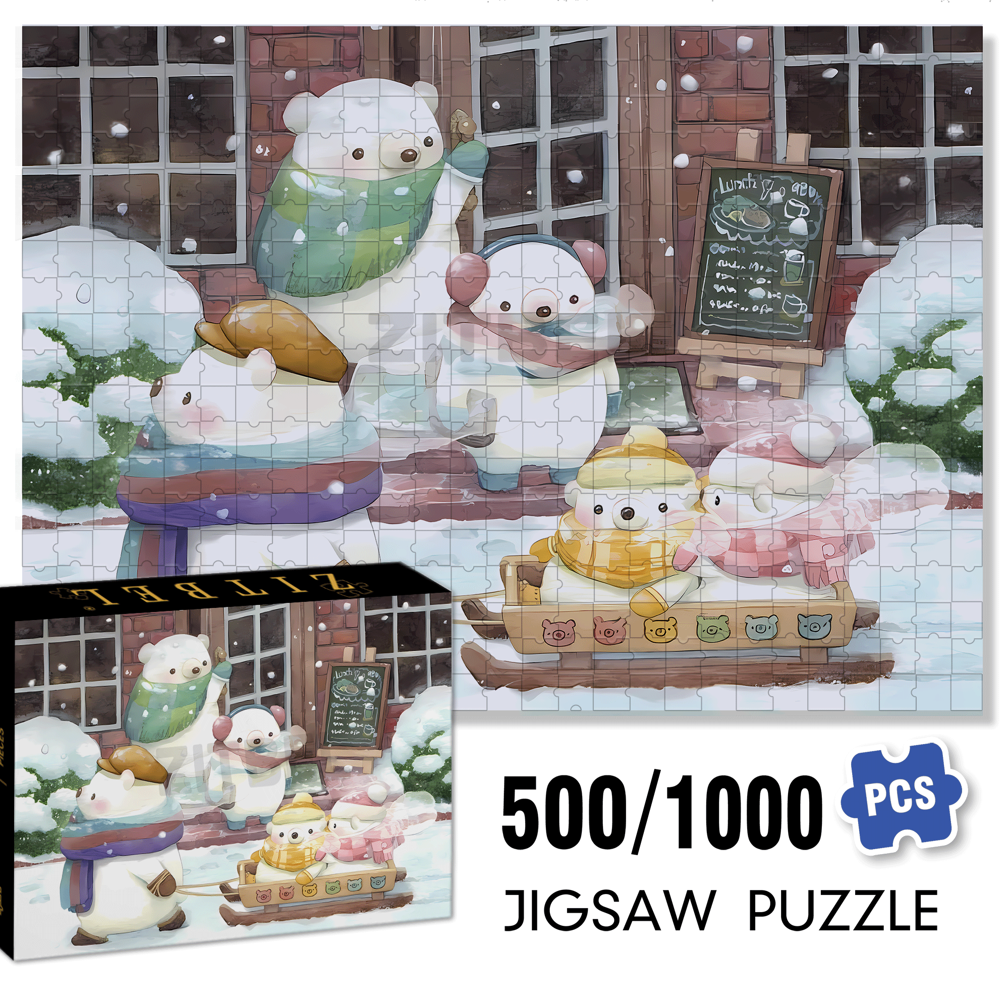 Little Bear And The Sled 500pcs/1000pcs Jigsaw Puzzle, Scratch-Resistant, Interactive Family Game & Brain-Boosting DIY Decor, Perfect for Halloween, Christmas & New Year Gifts, Family Puzzle Game