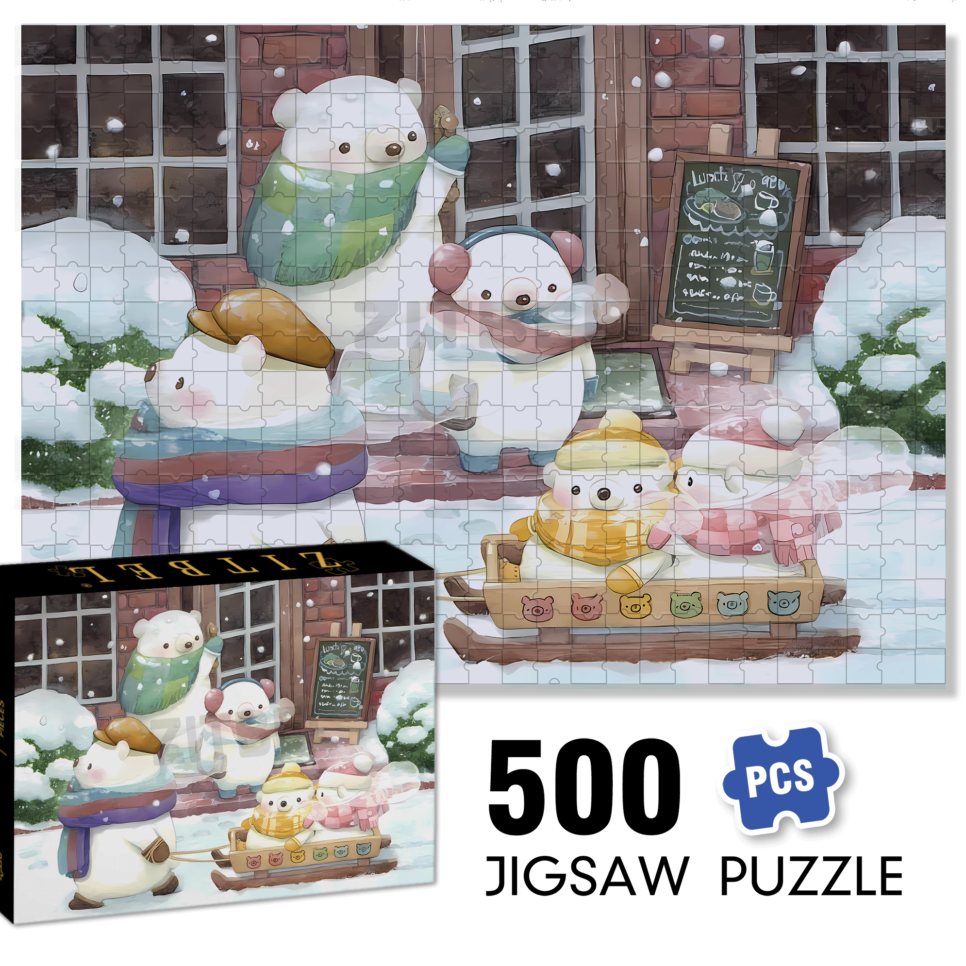 Little Bear And The Sled 500pcs/1000pcs Jigsaw Puzzle, Scratch-Resistant, Interactive Family Game & Brain-Boosting DIY Decor, Perfect for Halloween, Christmas & New Year Gifts, Family Puzzle Game