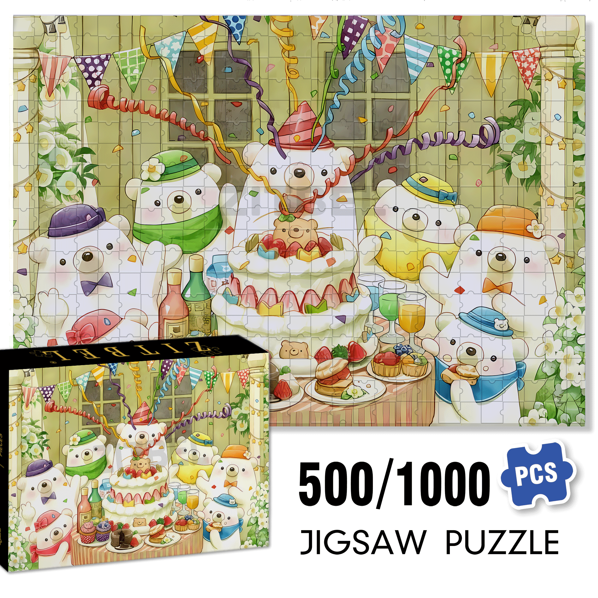 Little Bear's Birthday Party 500pcs/1000pcs Jigsaw Puzzle, Scratch-Resistant, Interactive Family Game & Brain-Boosting DIY Decor, Perfect for Halloween, Christmas & New Year Gifts, Family Puzzle Game