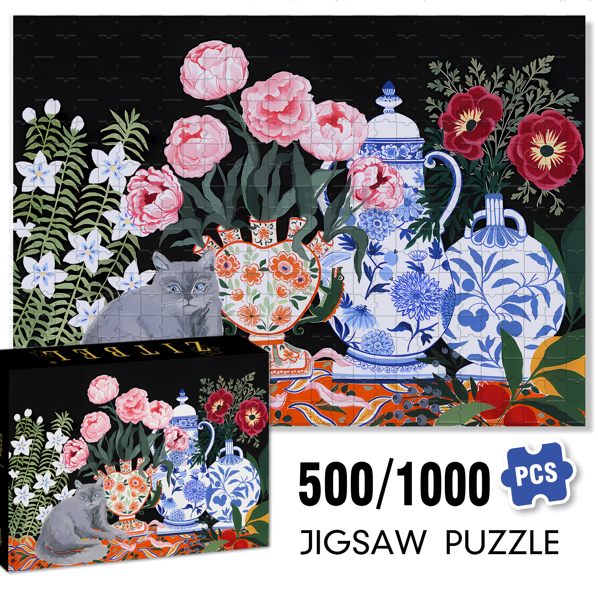 Porcelaine 500pcs/1000pcs Jigsaw Puzzle, Scratch-Resistant, Interactive Family Game & Brain-Boosting DIY Decor, Perfect for Halloween, Christmas & New Year Gifts, Family Puzzle Game