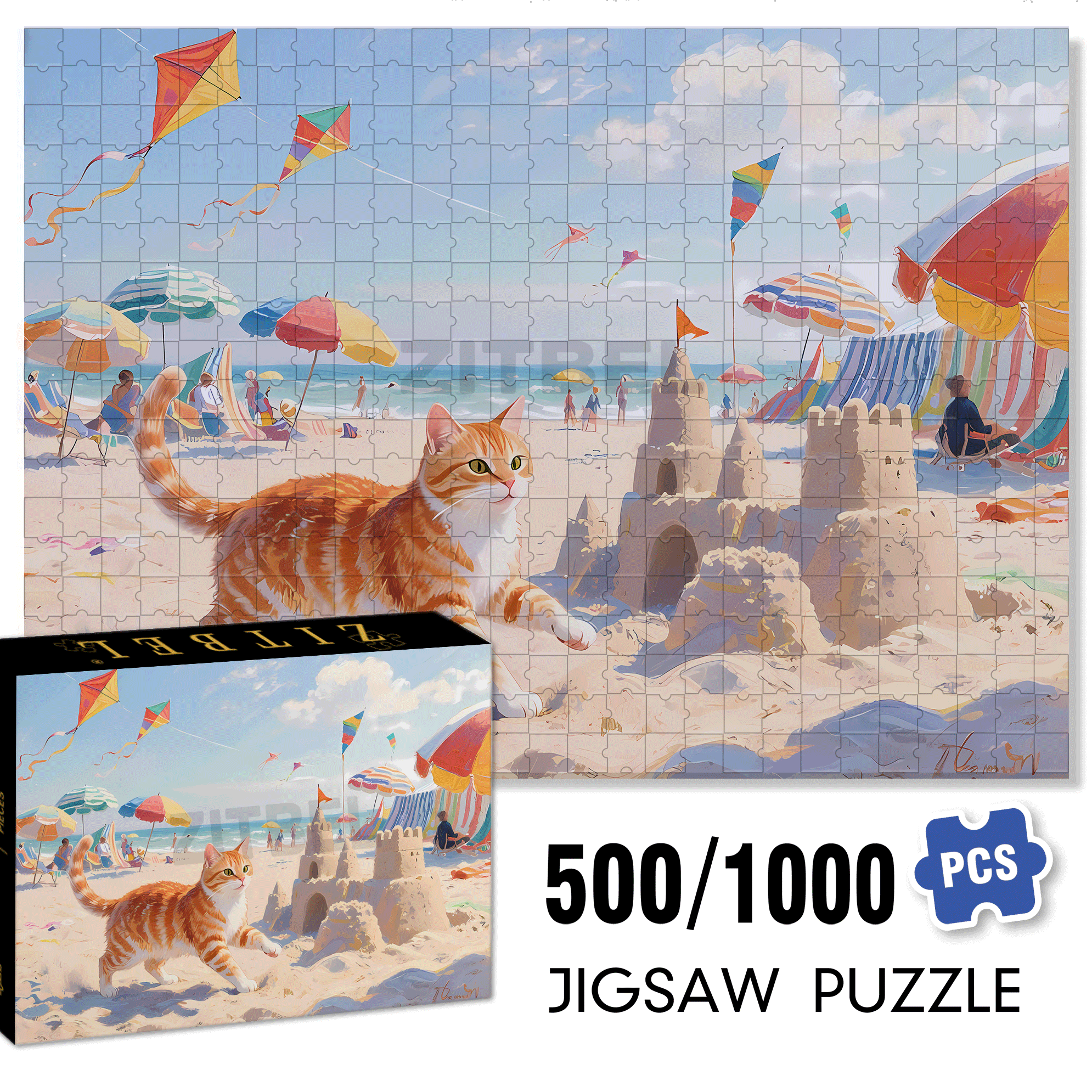 Sandcastle and Orange Cat 500pcs/1000pcs Jigsaw Puzzle, Scratch-Resistant, Interactive Family Game & Brain-Boosting DIY Decor, Perfect for Halloween, Christmas & New Year Gifts, Family Puzzle Game