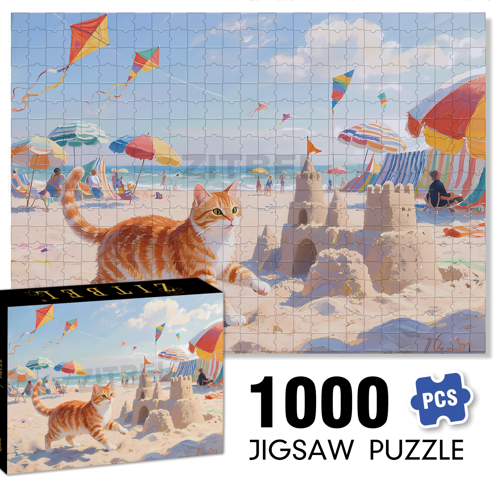 Sandcastle and Orange Cat 500pcs/1000pcs Jigsaw Puzzle, Scratch-Resistant, Interactive Family Game & Brain-Boosting DIY Decor, Perfect for Halloween, Christmas & New Year Gifts, Family Puzzle Game