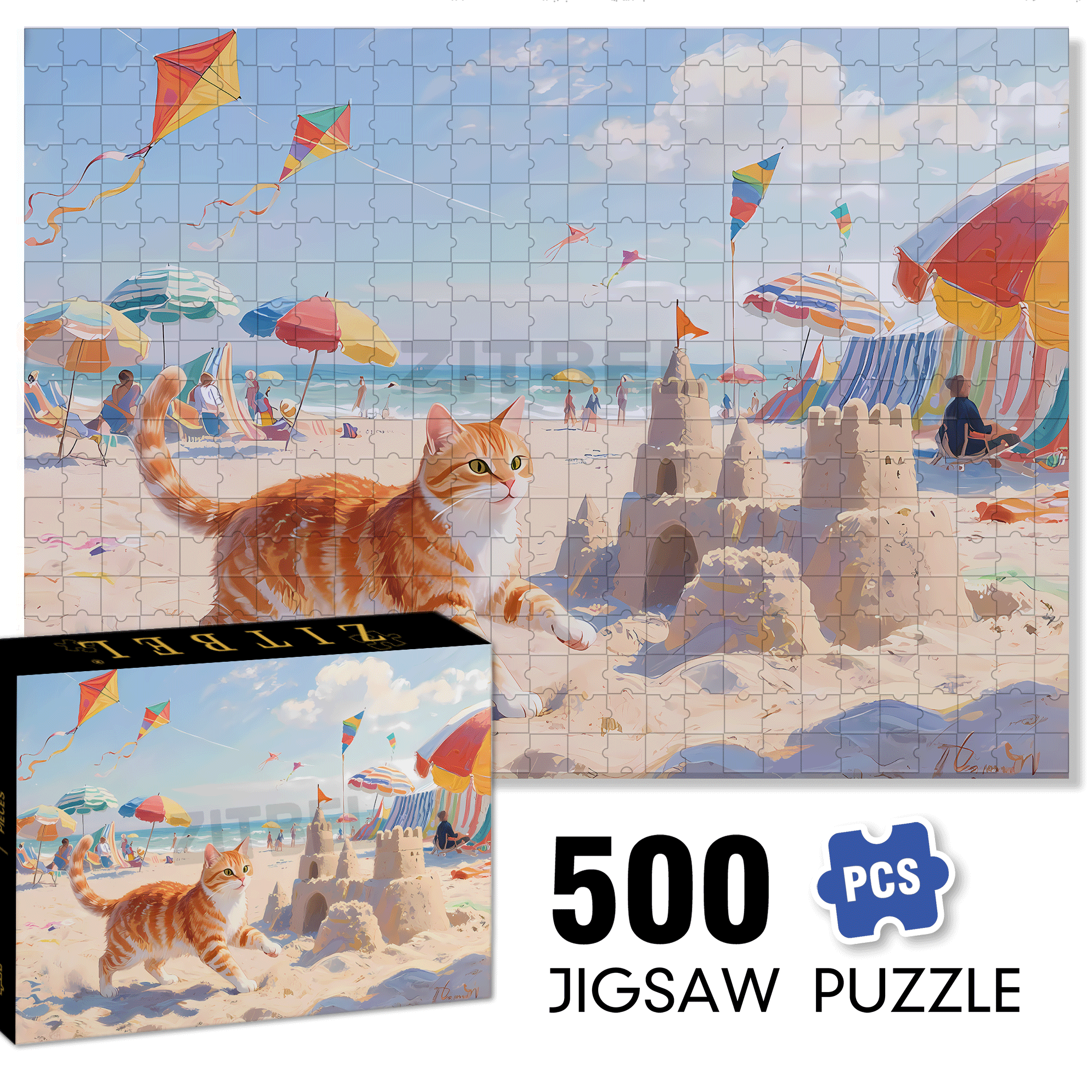 Sandcastle and Orange Cat 500pcs/1000pcs Jigsaw Puzzle, Scratch-Resistant, Interactive Family Game & Brain-Boosting DIY Decor, Perfect for Halloween, Christmas & New Year Gifts, Family Puzzle Game