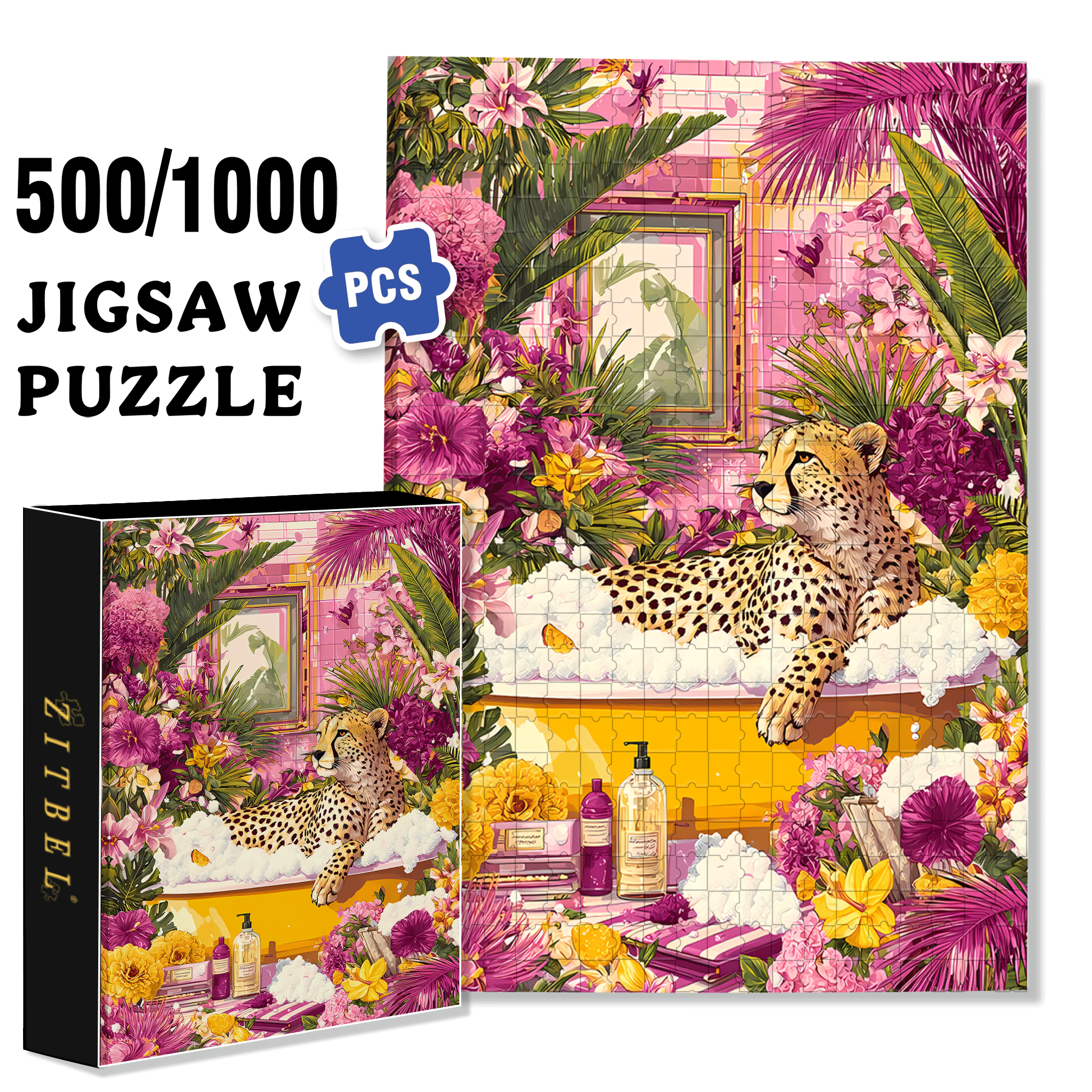 Pink Paradise Bath 500pcs/1000pcs Jigsaw Puzzle, Scratch-Resistant, Interactive Family Game & Brain-Boosting DIY Decor, Perfect for Halloween, Christmas & New Year Gifts, Family Puzzle Game