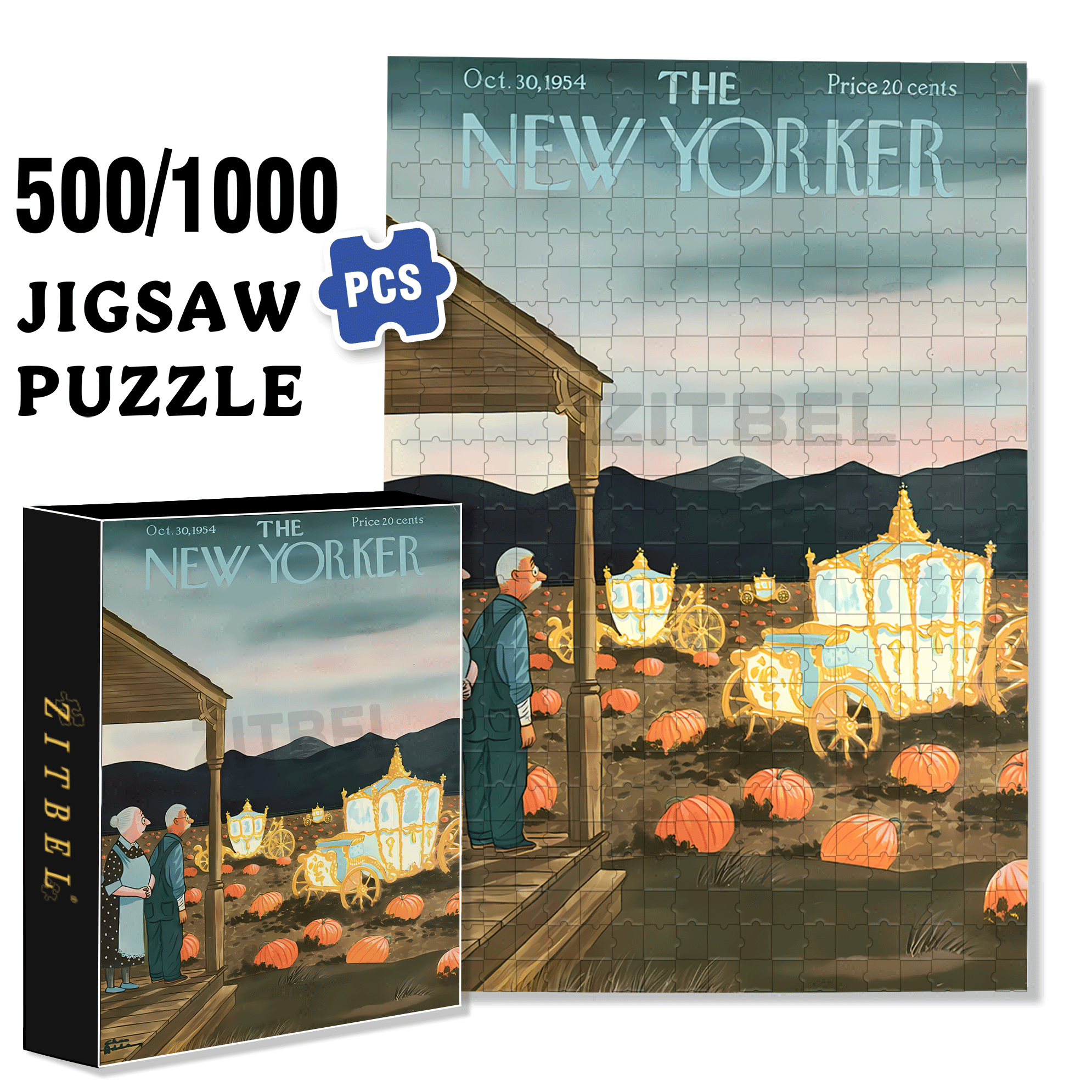 Pumpkin Carriage 500pcs/1000pcs Jigsaw Puzzle, Scratch-Resistant, Interactive Family Game & Brain-Boosting DIY Decor, Perfect for Halloween, Christmas & New Year Gifts, Family Puzzle Game
