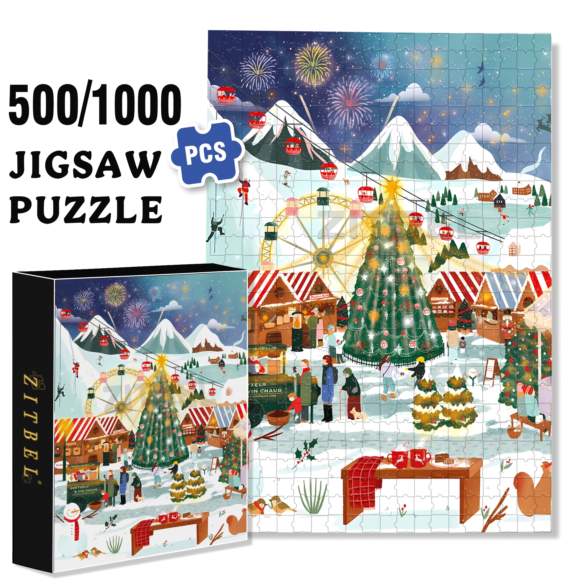 Christmas Fireworks Party 500pcs/1000pcs Jigsaw Puzzle, Scratch-Resistant, Interactive Family Game & Brain-Boosting DIY Decor, Perfect for Halloween, Christmas & New Year Gifts, Family Puzzle Game