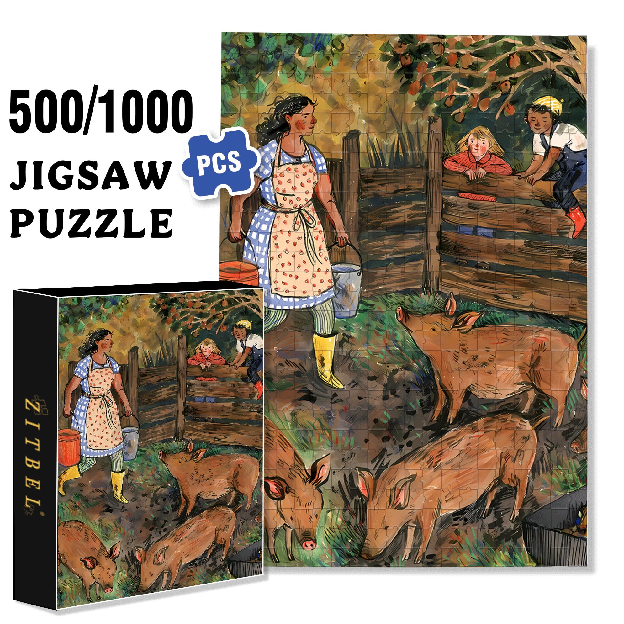 Feeding Pigs 500pcs/1000pcs Jigsaw Puzzle, Scratch-Resistant, Interactive Family Game & Brain-Boosting DIY Decor, Perfect for Halloween, Christmas & New Year Gifts, Family Puzzle Game