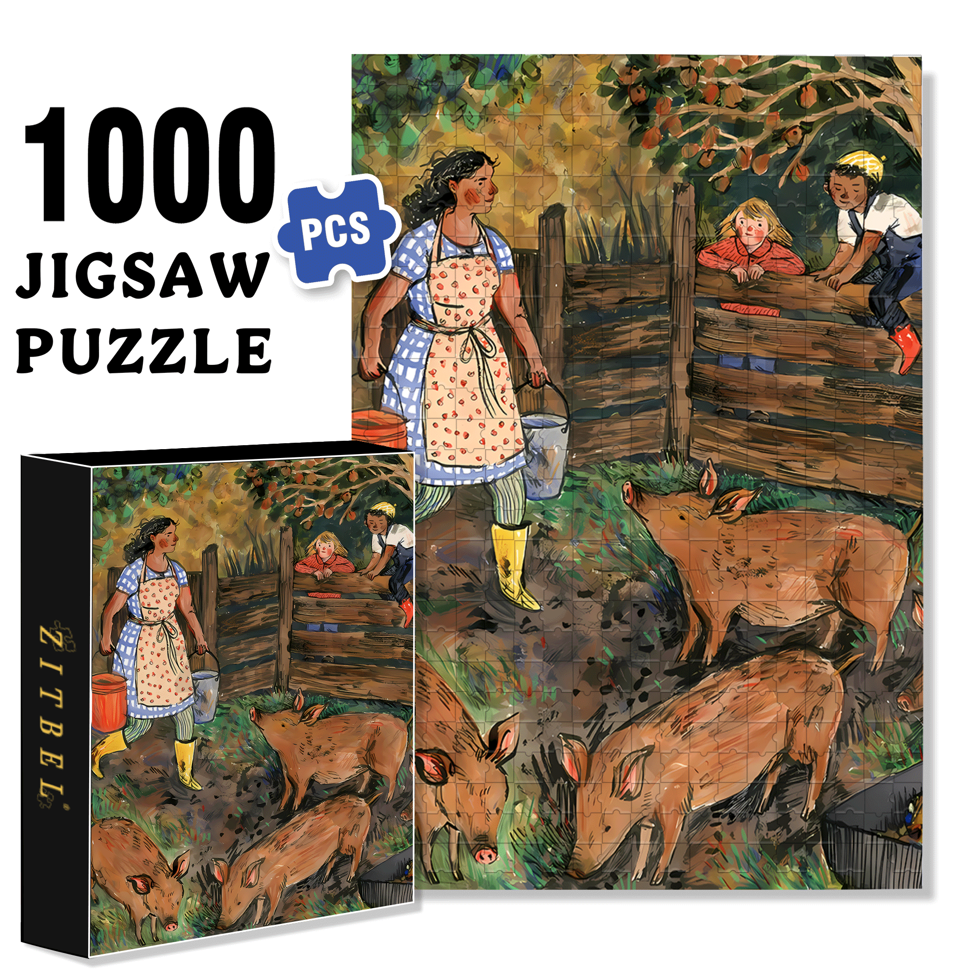 Feeding Pigs 500pcs/1000pcs Jigsaw Puzzle, Scratch-Resistant, Interactive Family Game & Brain-Boosting DIY Decor, Perfect for Halloween, Christmas & New Year Gifts, Family Puzzle Game