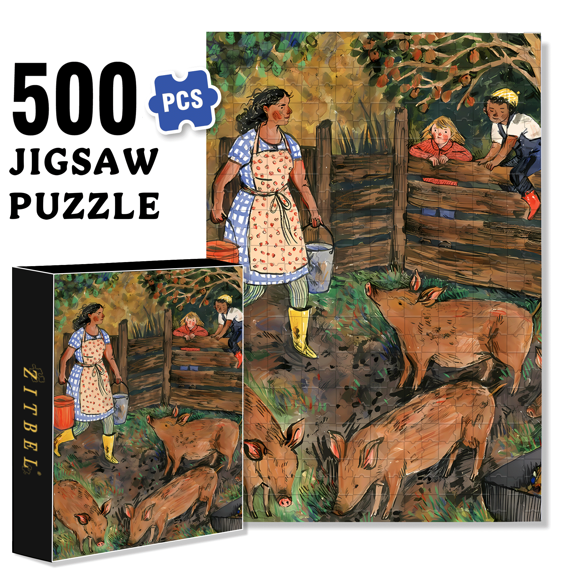Feeding Pigs 500pcs/1000pcs Jigsaw Puzzle, Scratch-Resistant, Interactive Family Game & Brain-Boosting DIY Decor, Perfect for Halloween, Christmas & New Year Gifts, Family Puzzle Game