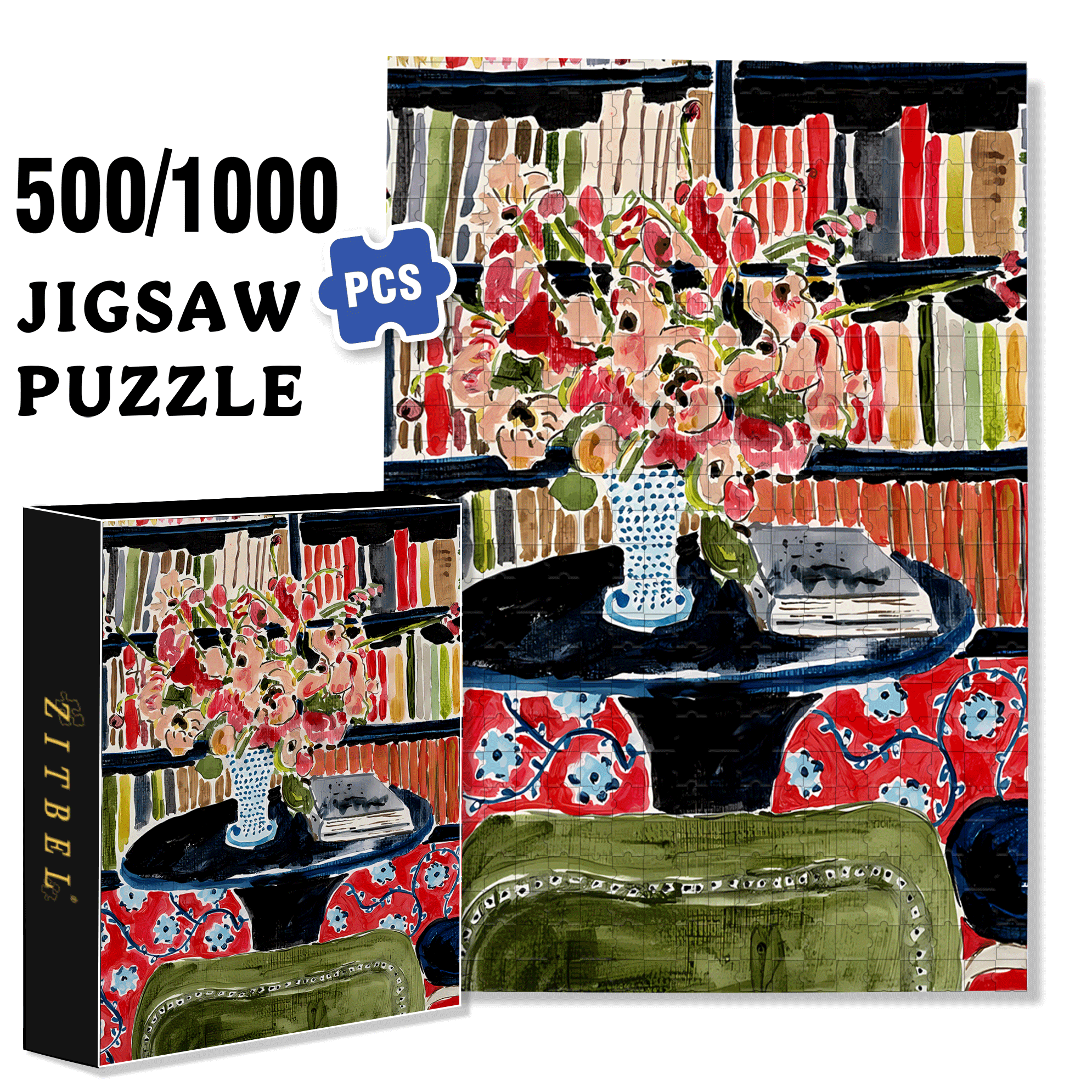 Fresh Flowers In The Study 500pcs/1000pcs Jigsaw Puzzle, Scratch-Resistant, Interactive Family Game & Brain-Boosting DIY Decor, Perfect for Halloween, Christmas & New Year Gifts, Family Puzzle Game
