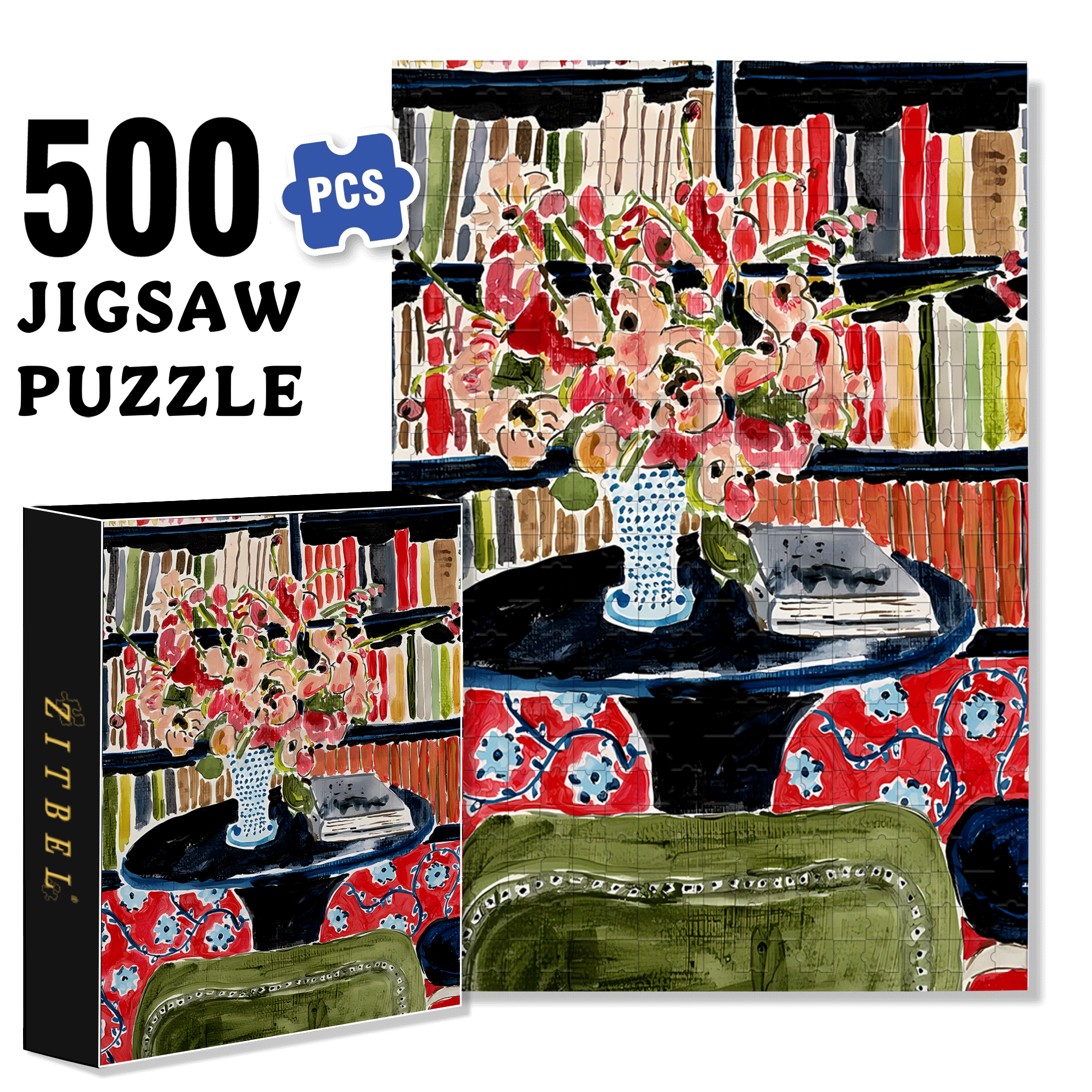 Fresh Flowers In The Study 500pcs/1000pcs Jigsaw Puzzle, Scratch-Resistant, Interactive Family Game & Brain-Boosting DIY Decor, Perfect for Halloween, Christmas & New Year Gifts, Family Puzzle Game