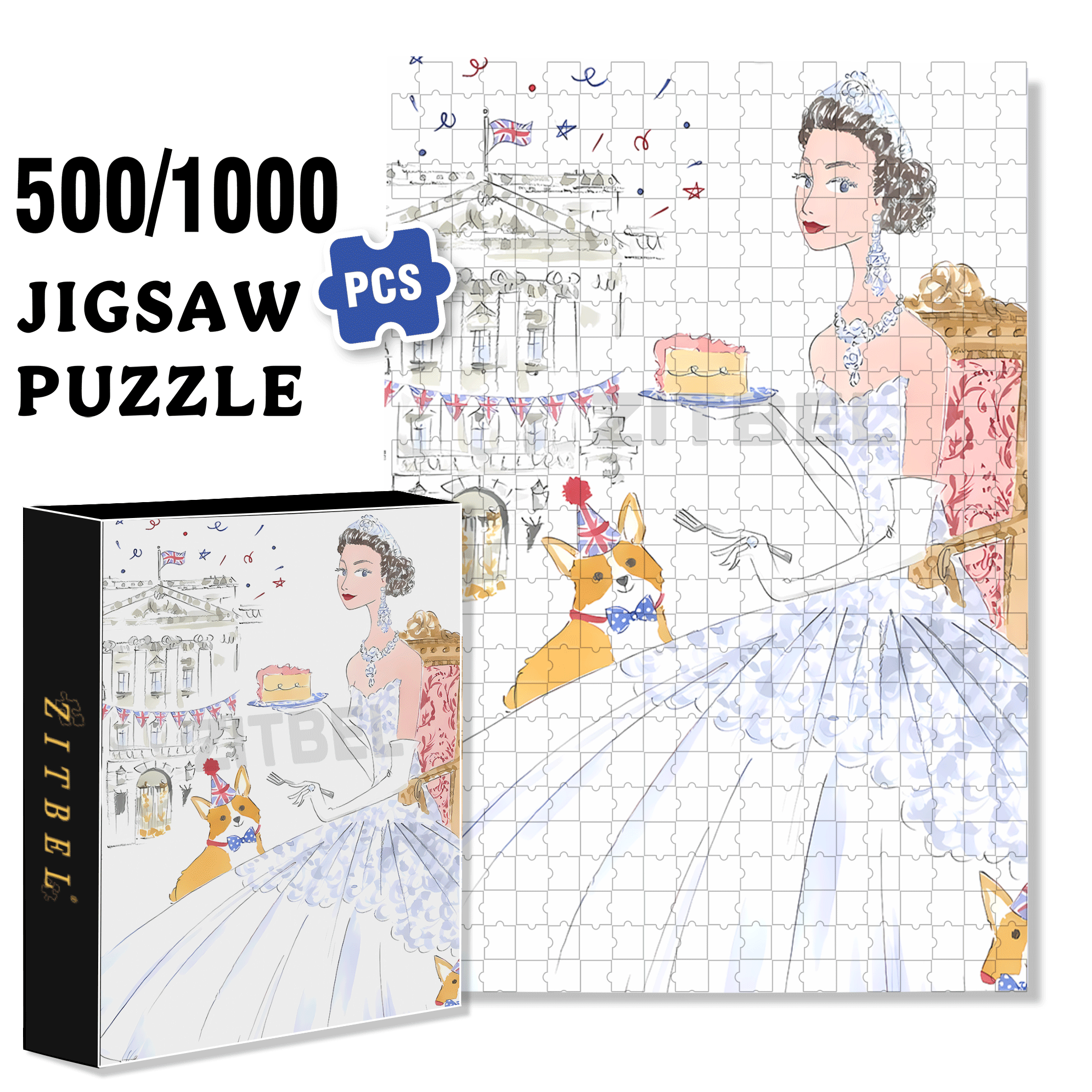 Queen and Corgi 500pcs/1000pcs Jigsaw Puzzle, Scratch-Resistant, Interactive Family Game & Brain-Boosting DIY Decor, Perfect for Halloween, Christmas & New Year Gifts, Family Puzzle Game